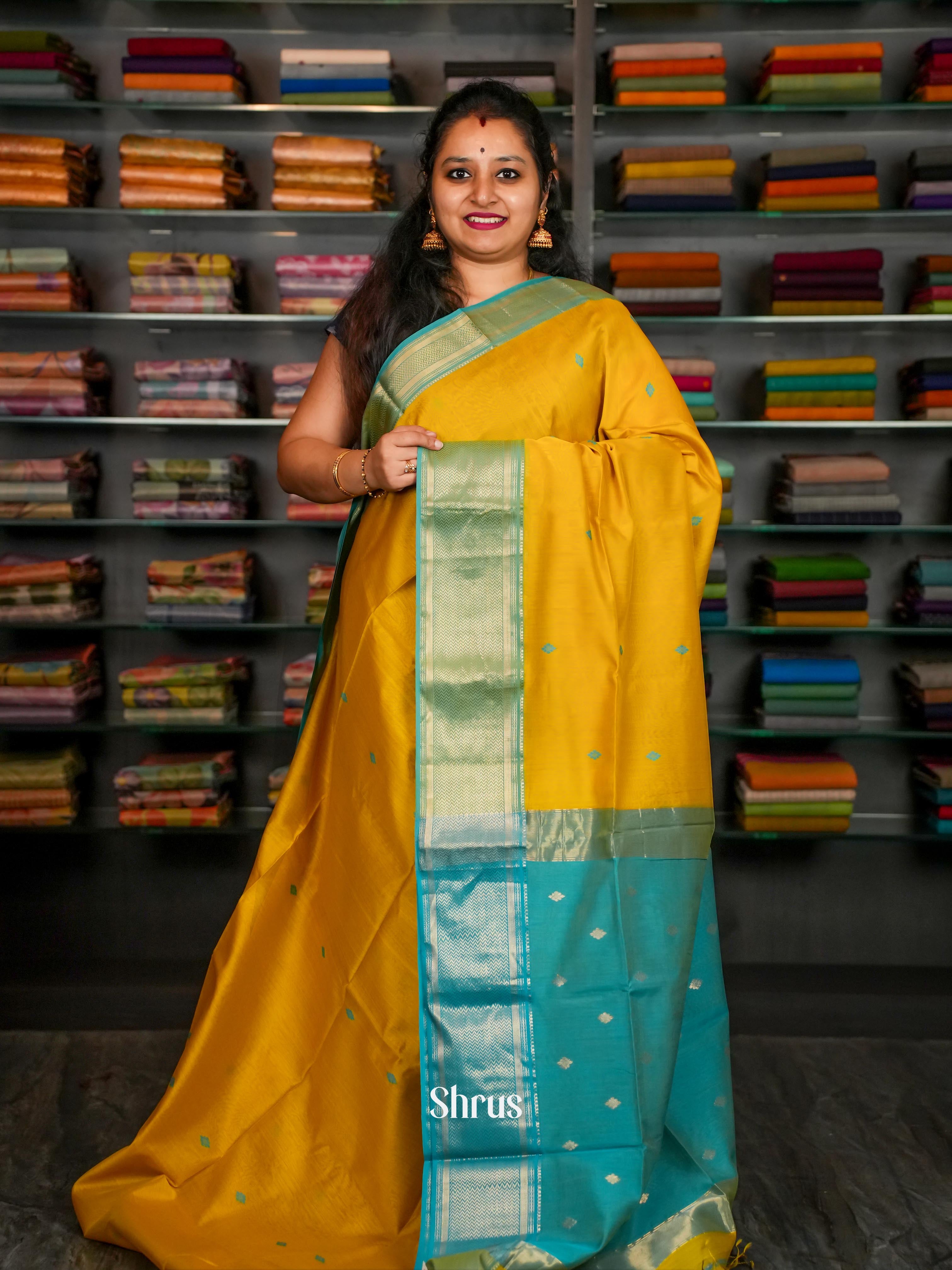 Yellow Blue Maheshwari silkcotton Saree - Shop on ShrusEternity.com