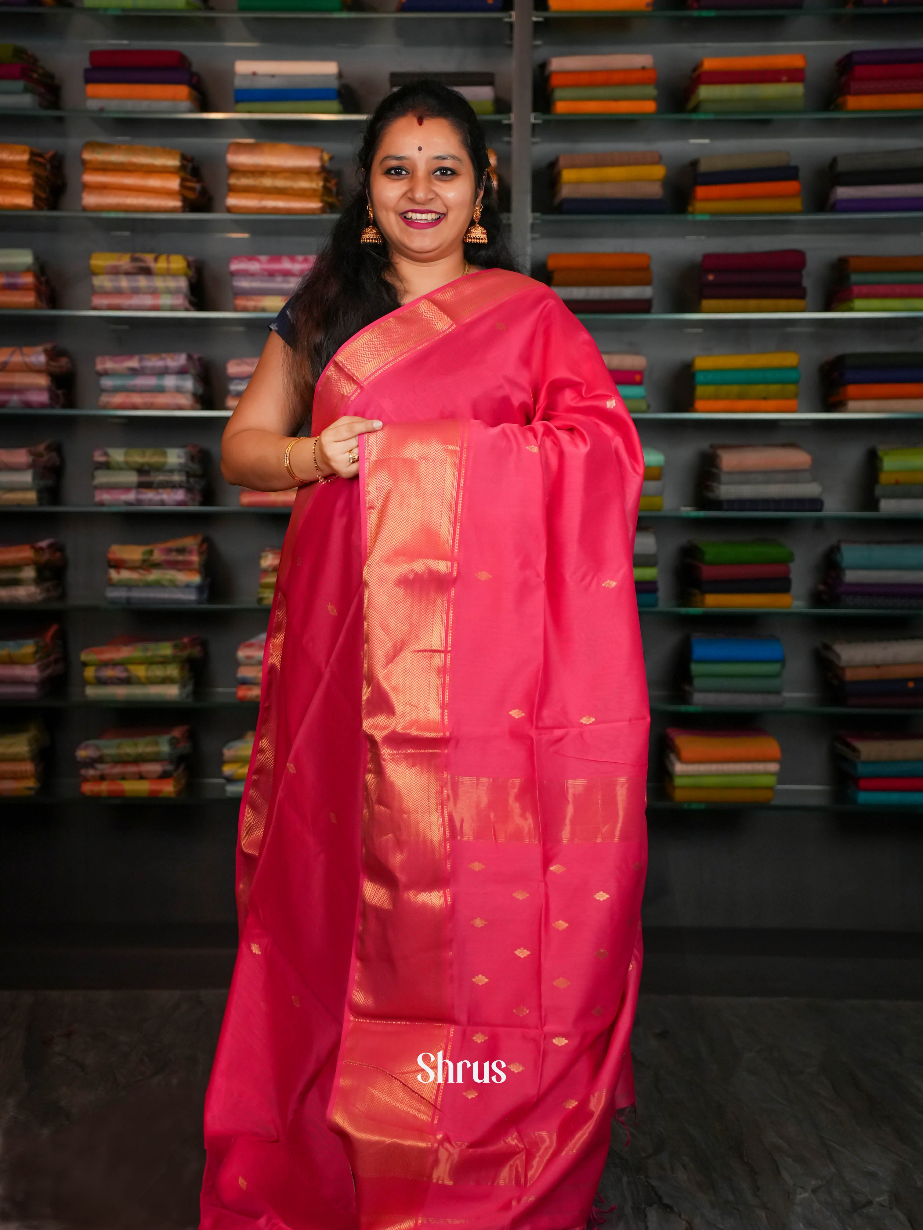 Pink Maheshwari silkcotton Saree - Shop on ShrusEternity.com