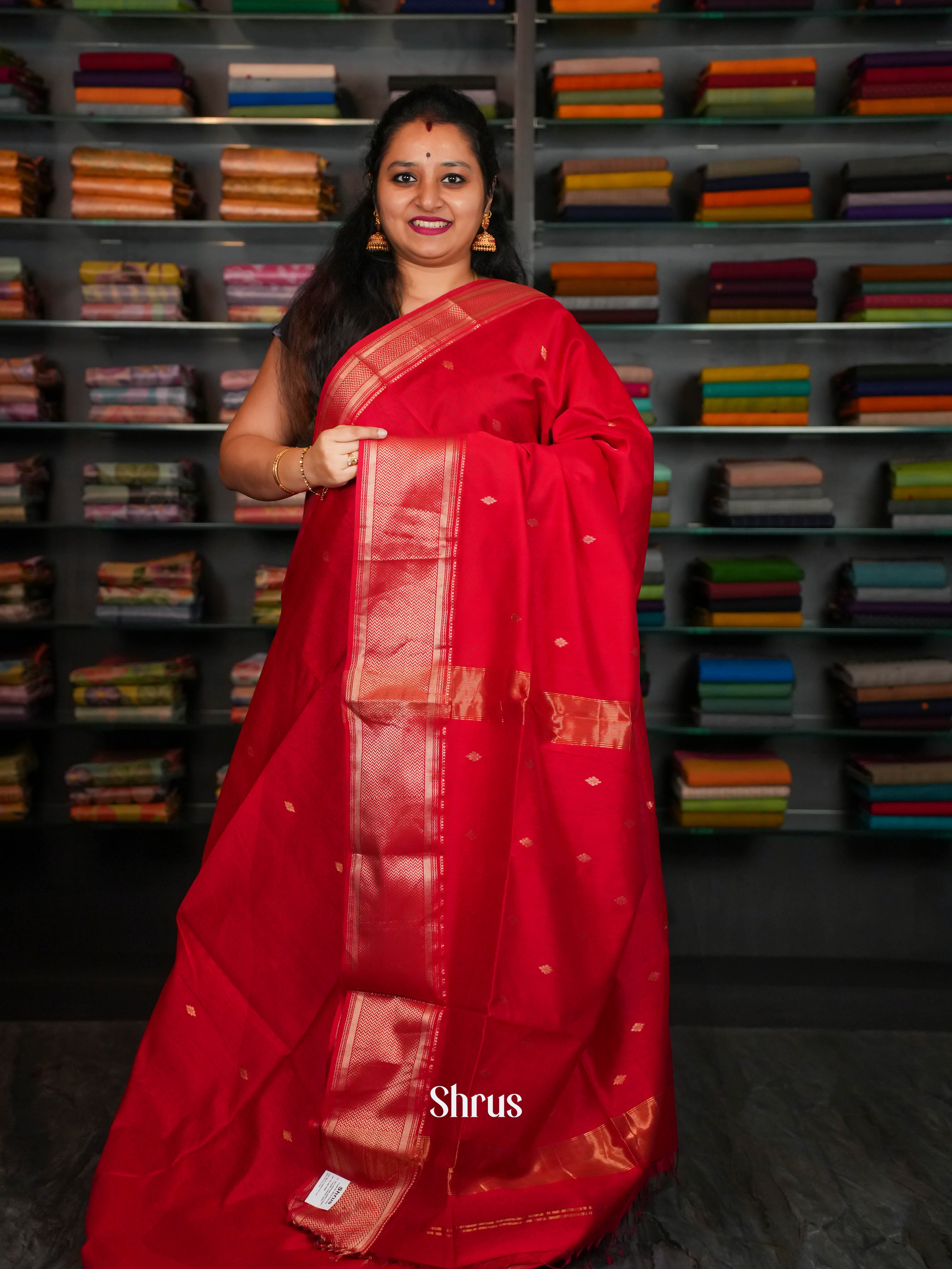 Red - Maheshwari silkcotton Saree - Shop on ShrusEternity.com