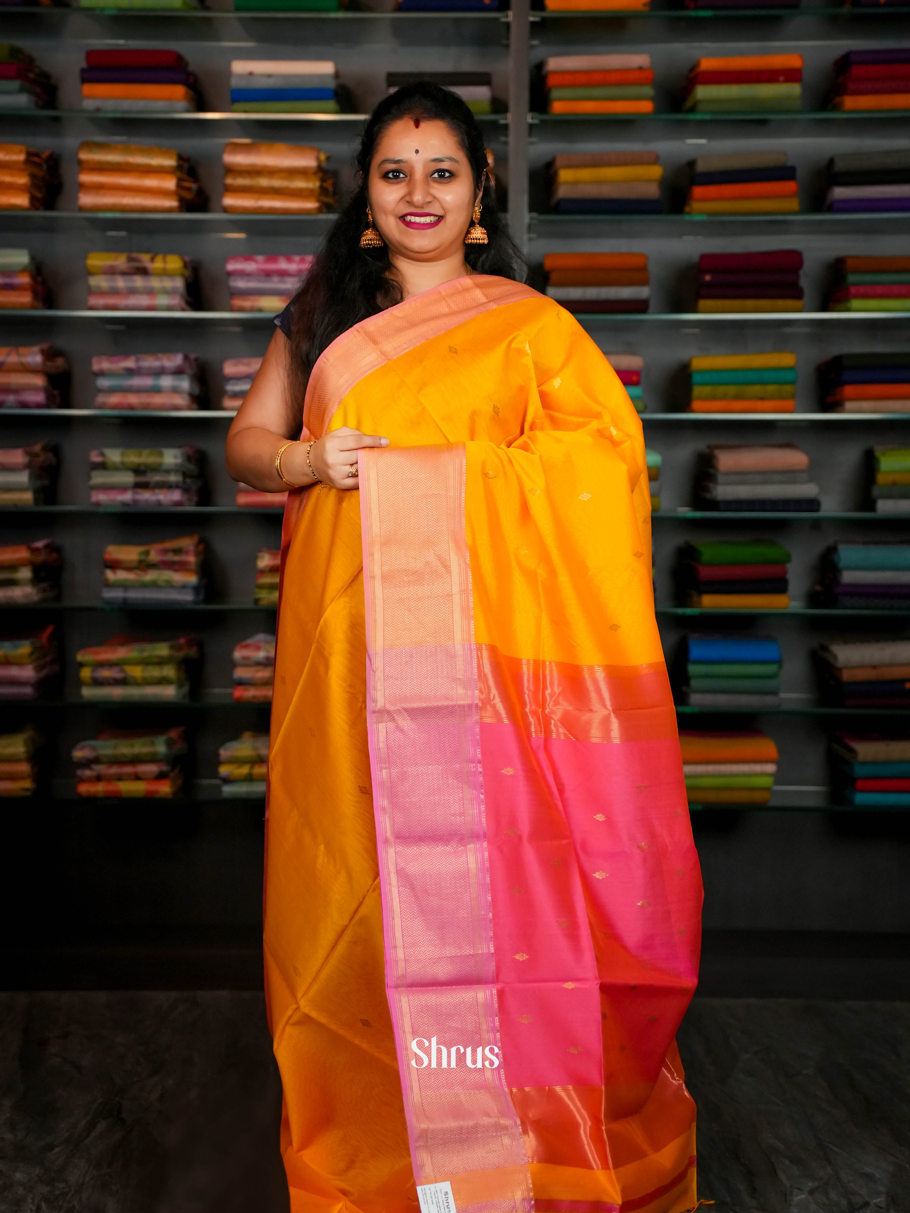 Yellow Pink Maheshwari silkcotton Saree - Shop on ShrusEternity.com