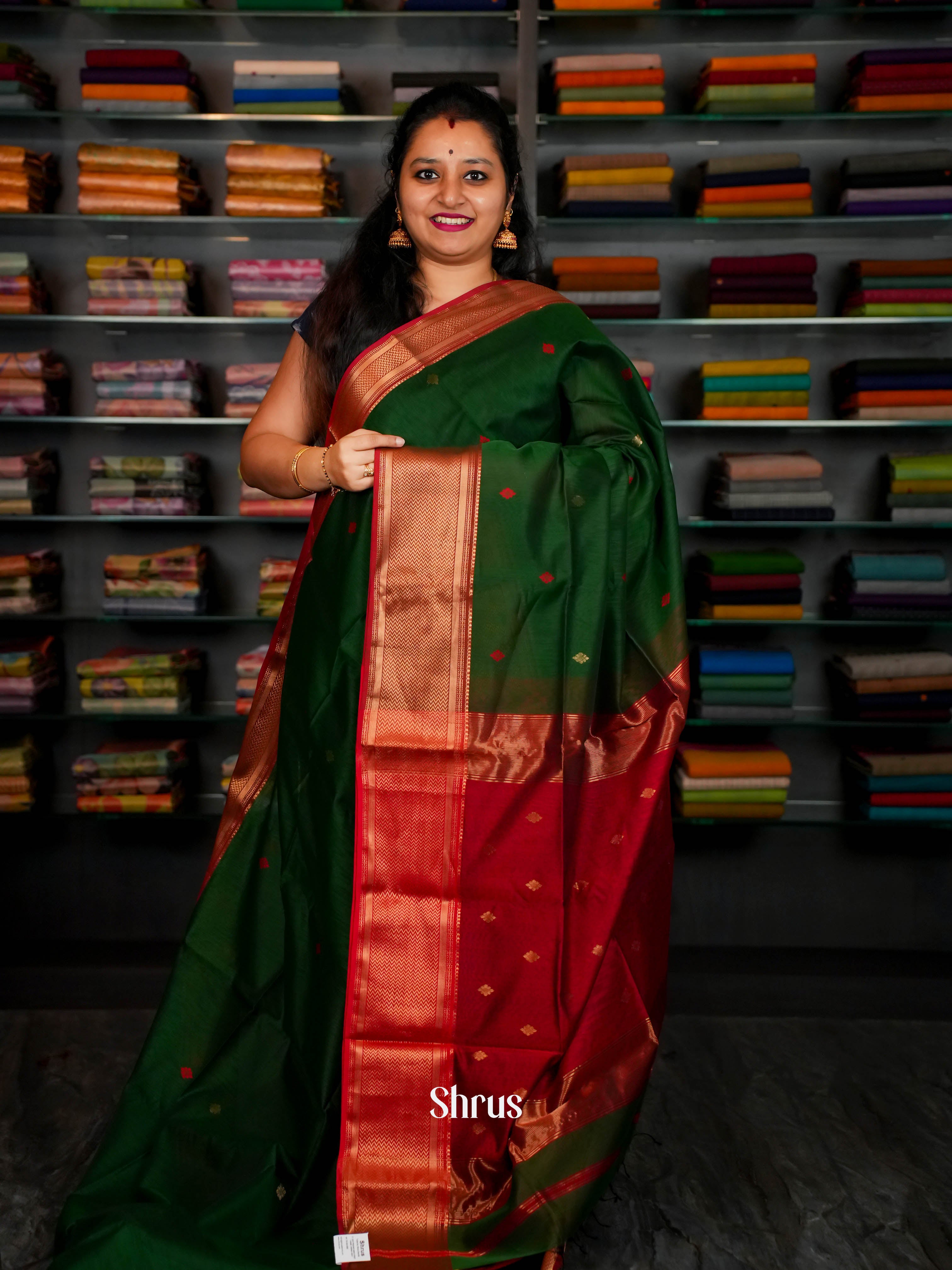 Green & Red Maheshwari silkcotton Saree - Shop on ShrusEternity.com