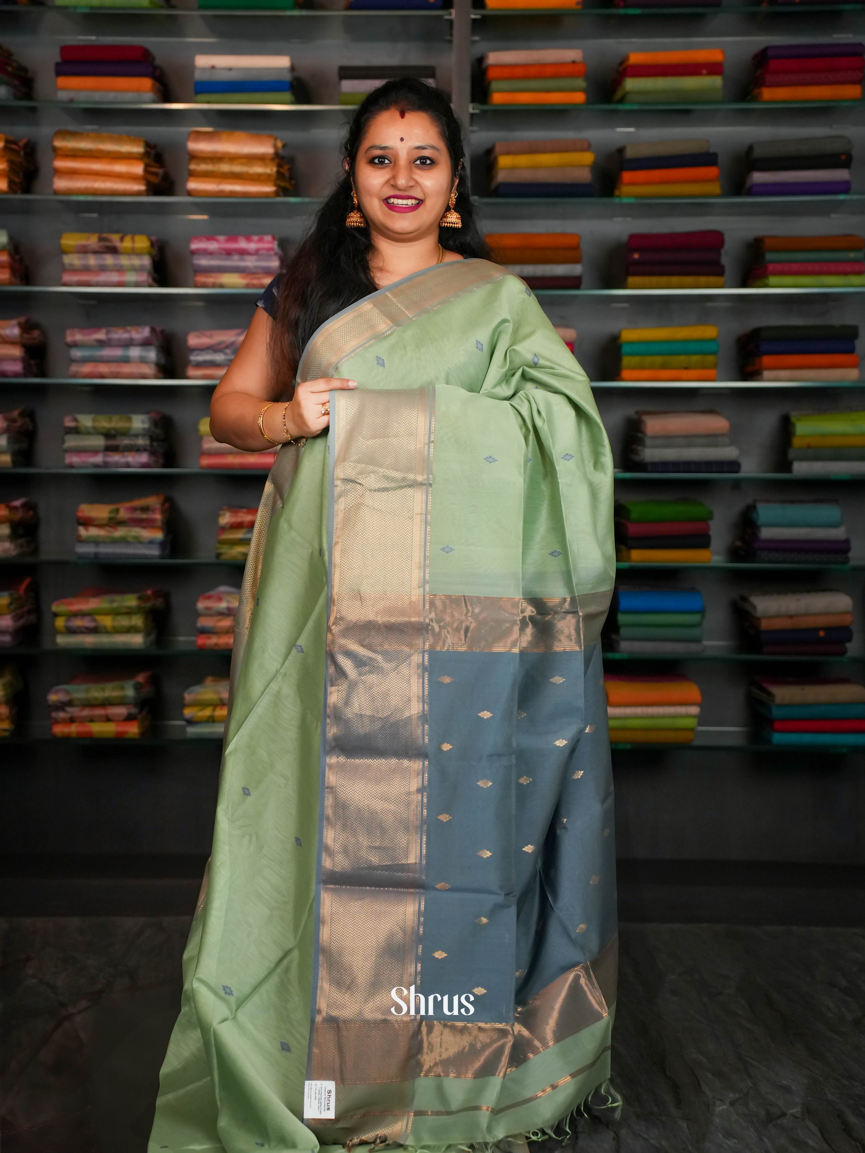 Ocean Green & Grey - Maheshwari silkcotton Saree - Shop on ShrusEternity.com