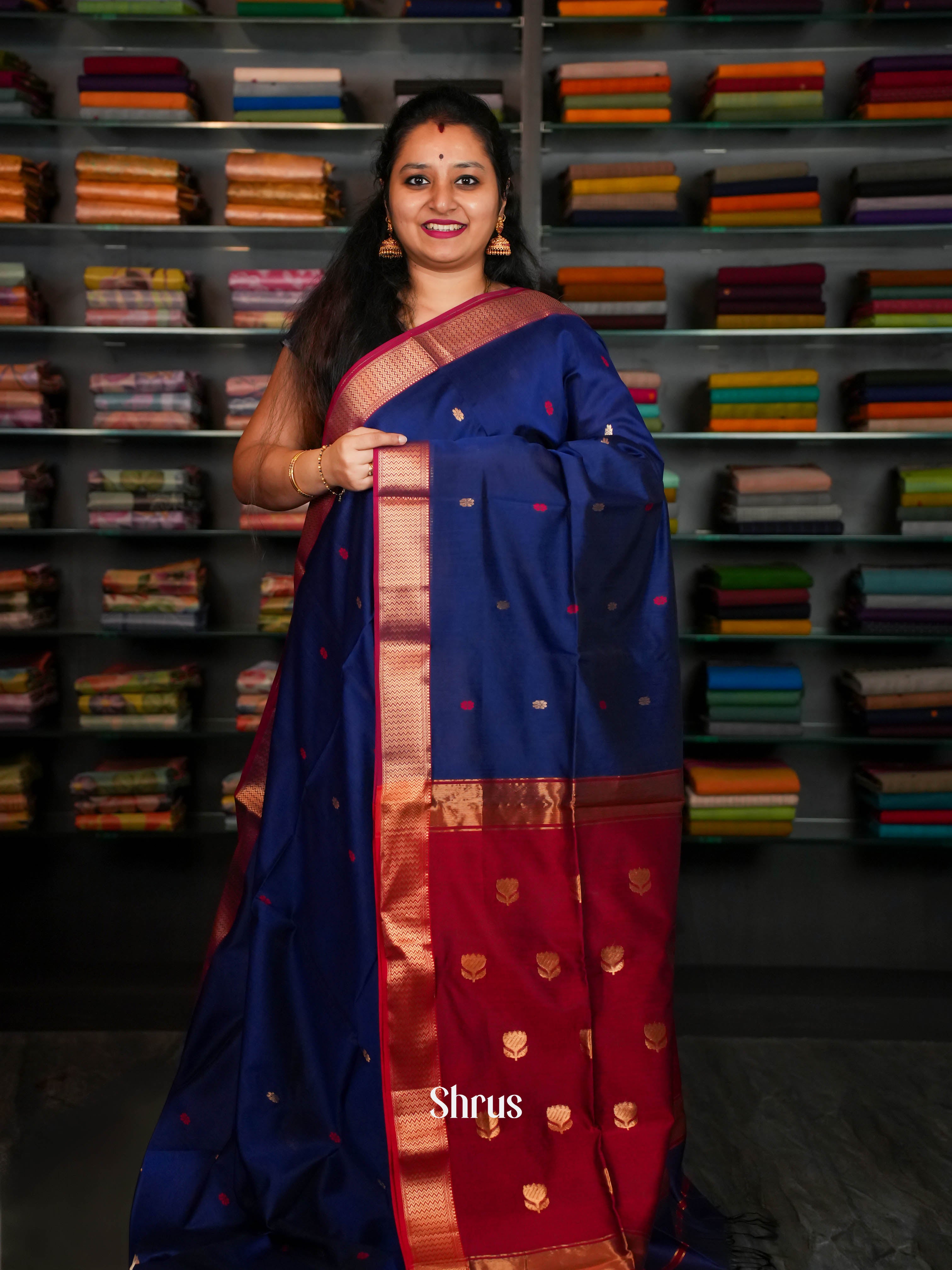 Blue & Red Maheshwari silkcotton Saree - Shop on ShrusEternity.com