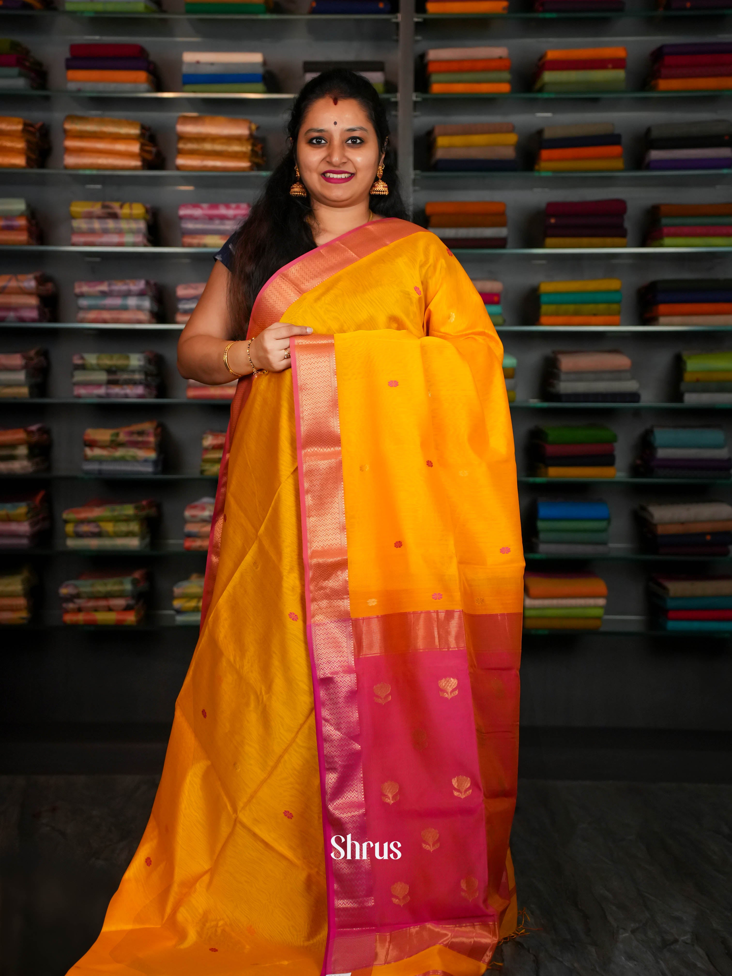 Yellow & Pink Maheshwari silkcotton Saree - Shop on ShrusEternity.com