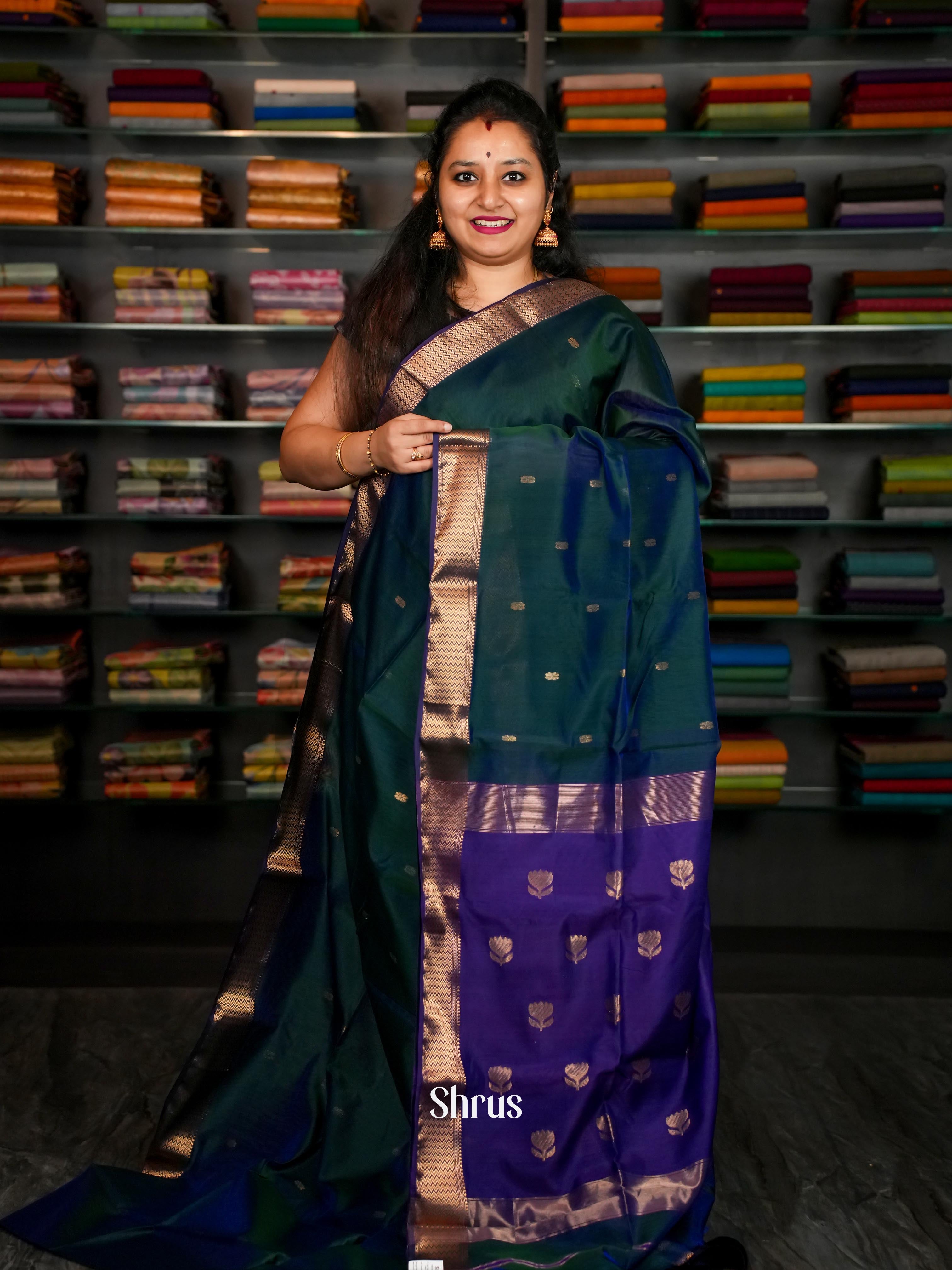Blue Green Maheshwari silkcotton Saree - Shop on ShrusEternity.com
