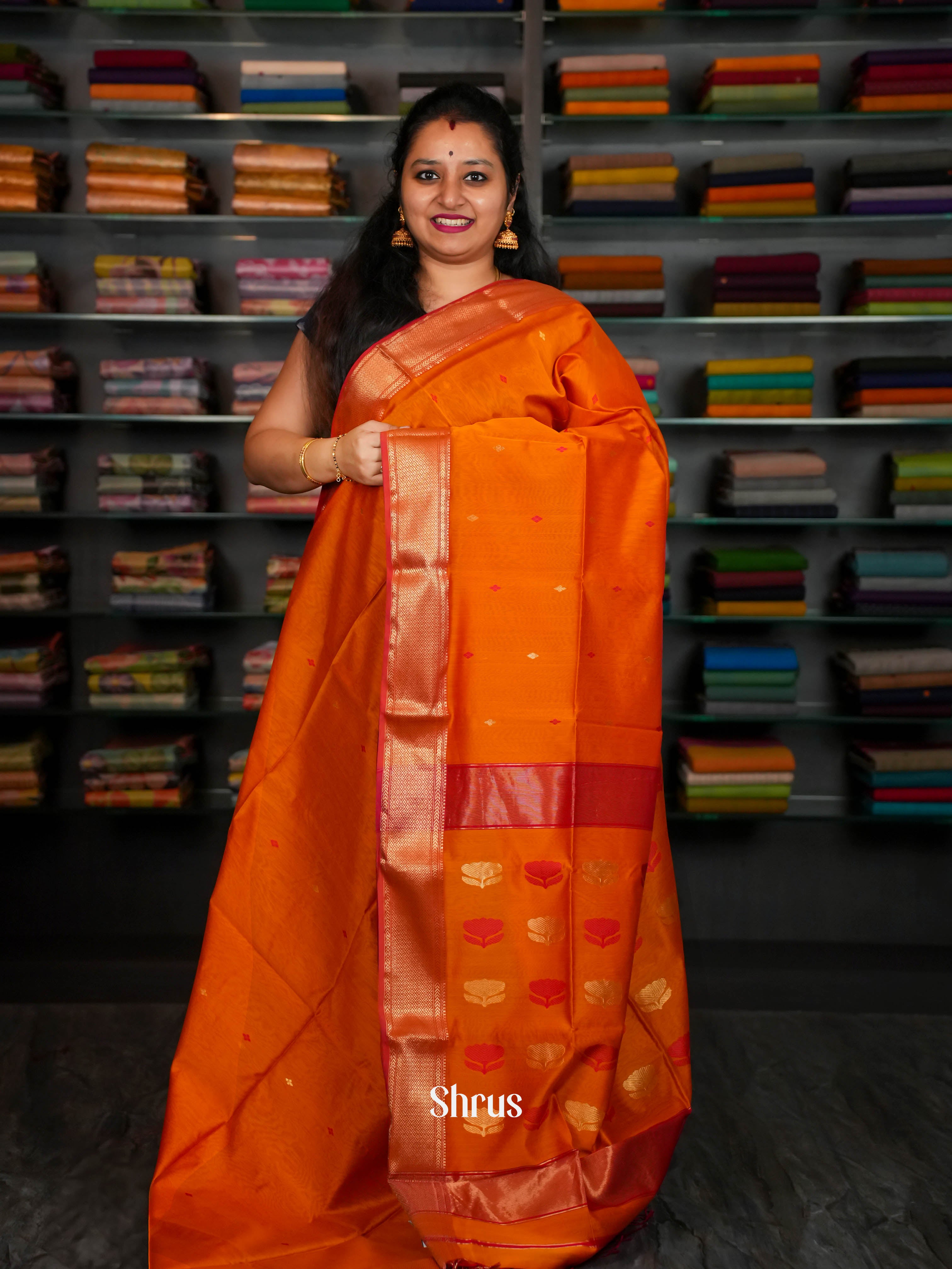 Fiery orange Maheshwari silkcotton Saree - Shop on ShrusEternity.com