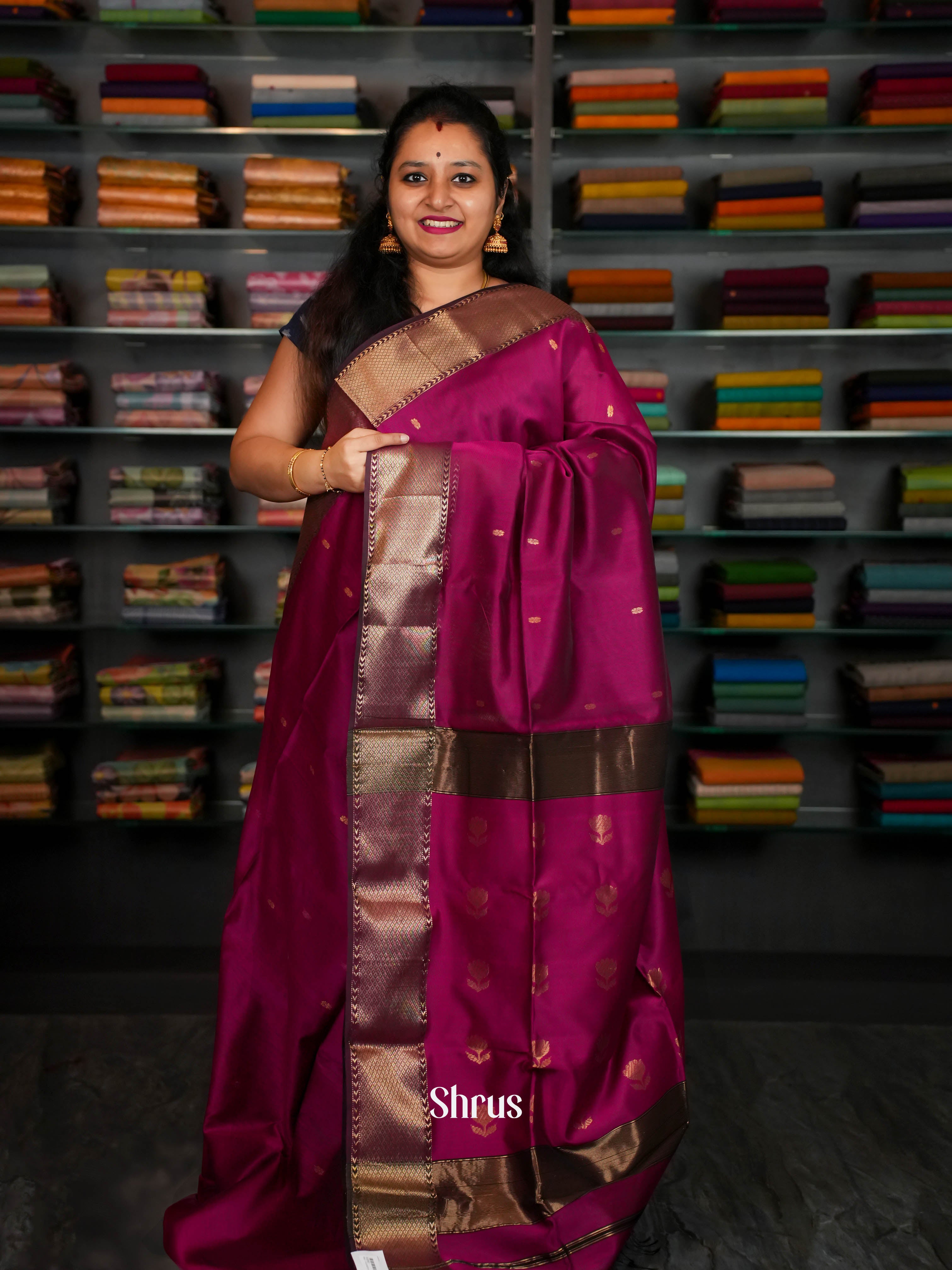 Purple Maheshwari silkcotton Saree - Shop on ShrusEternity.com