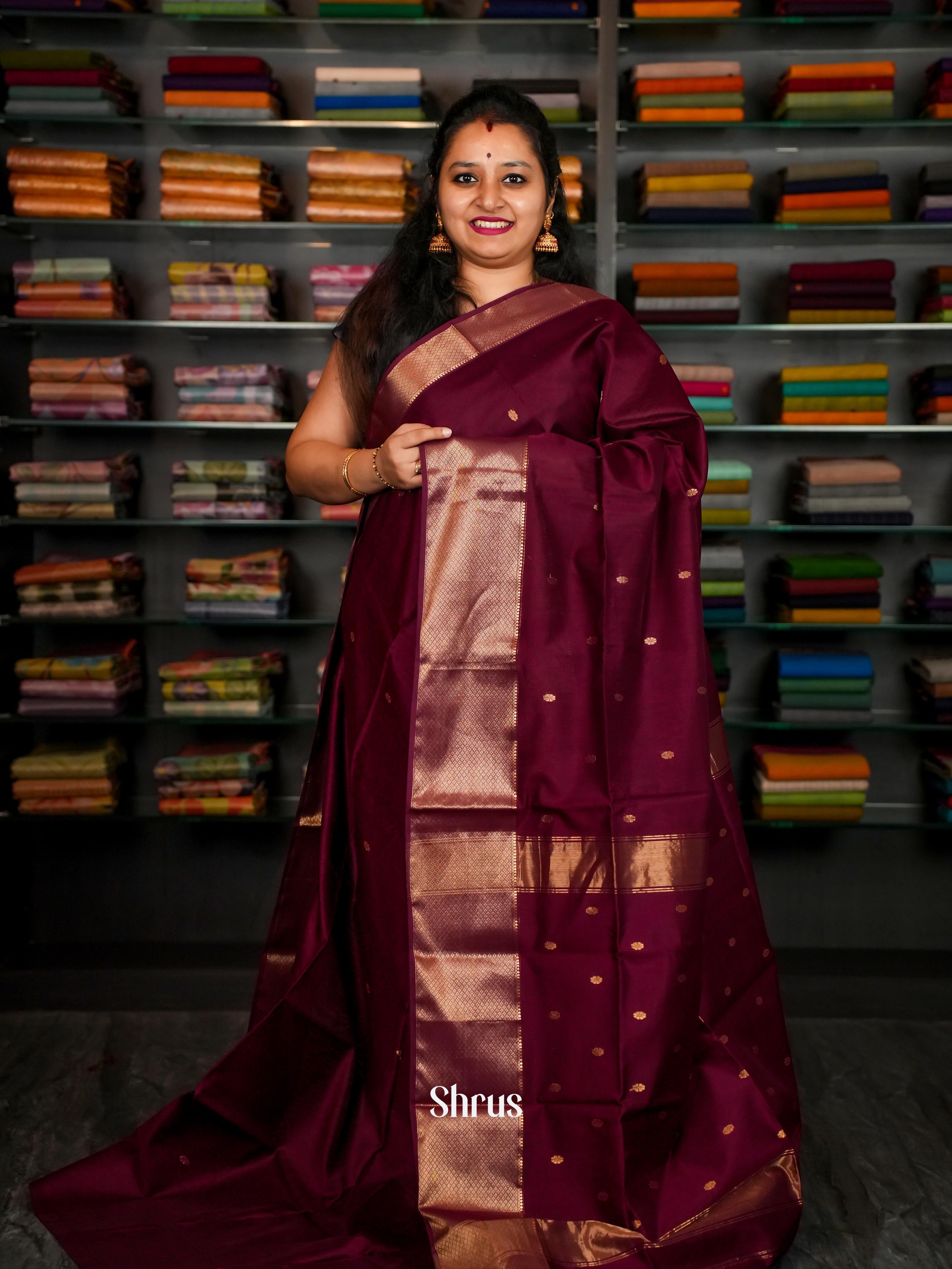 Deep wine Maheshwari silkcotton Saree - Shop on ShrusEternity.com