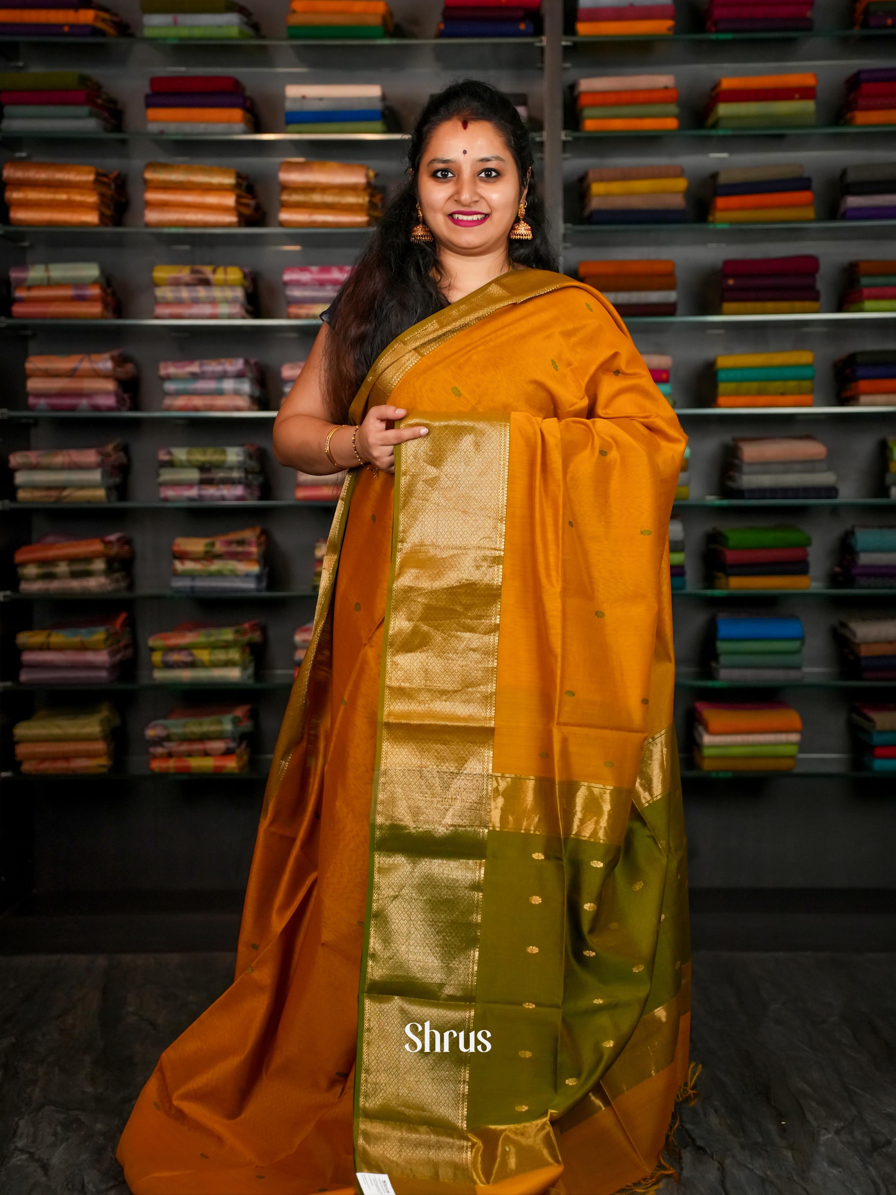 Mustard & Green - Maheshwari silkcotton Saree - Shop on ShrusEternity.com