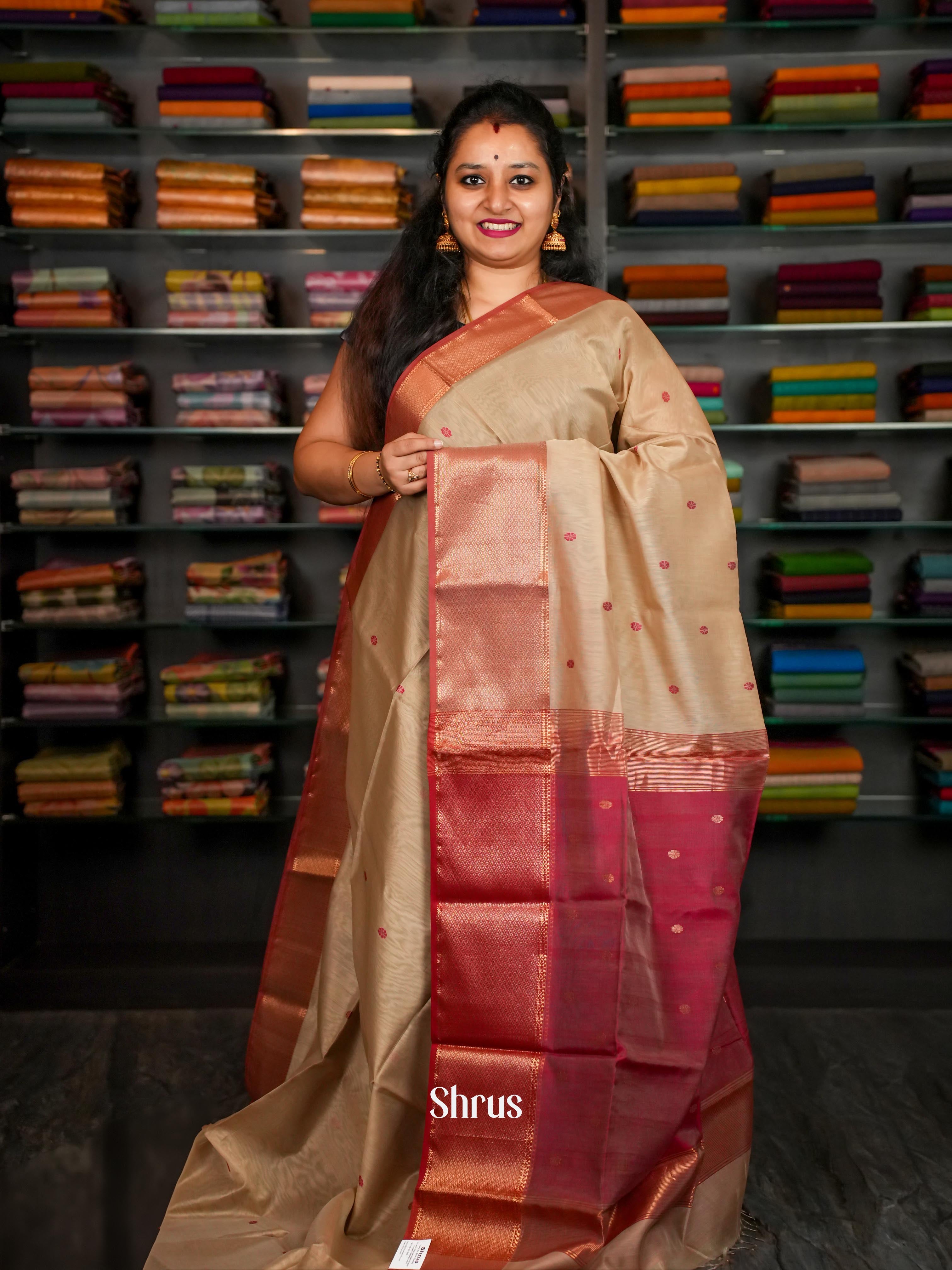 Dusty grey & Pink Maheshwari silkcotton Saree - Shop on ShrusEternity.com