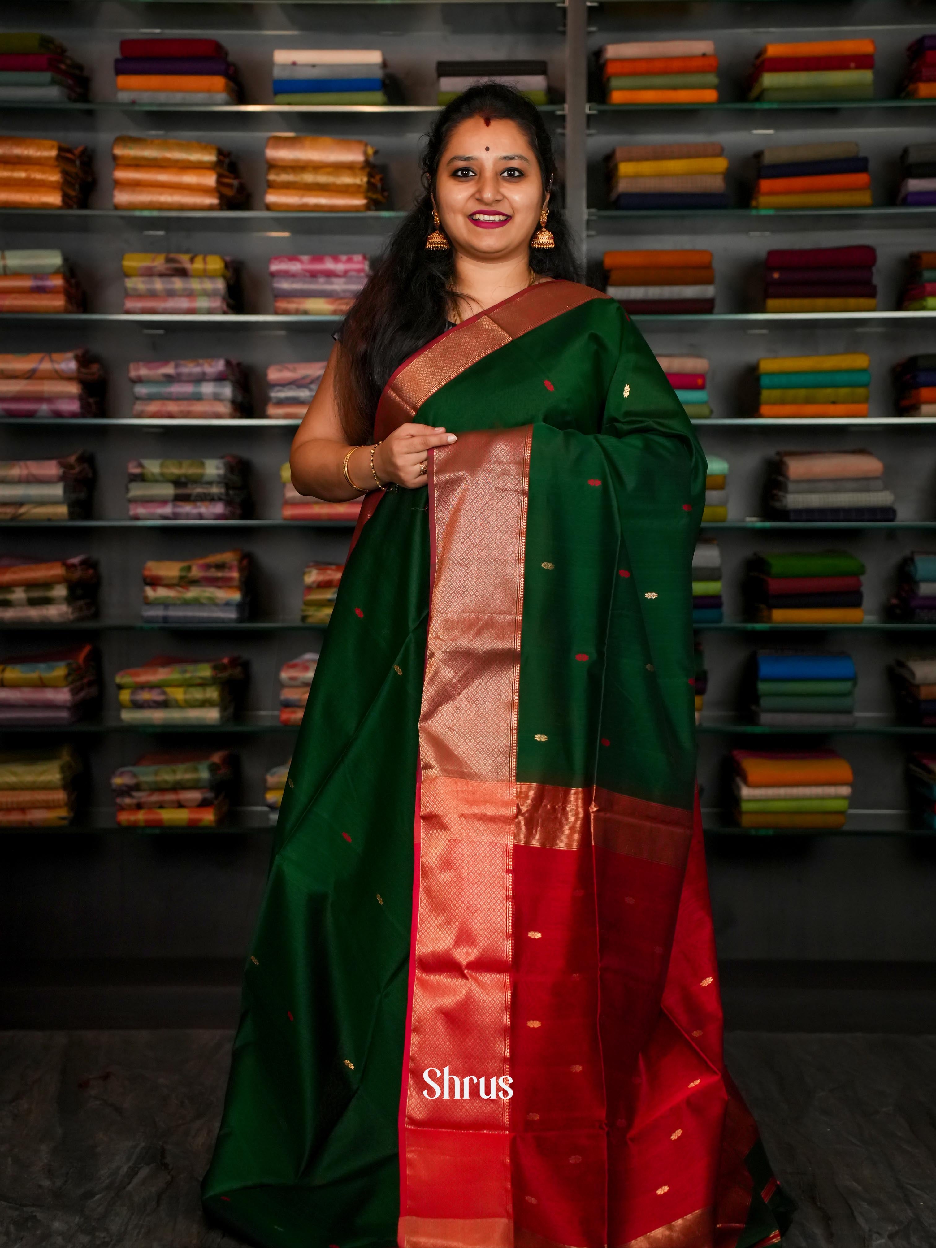 Bottle green Red Maheshwari silkcotton Saree - Shop on ShrusEternity.com