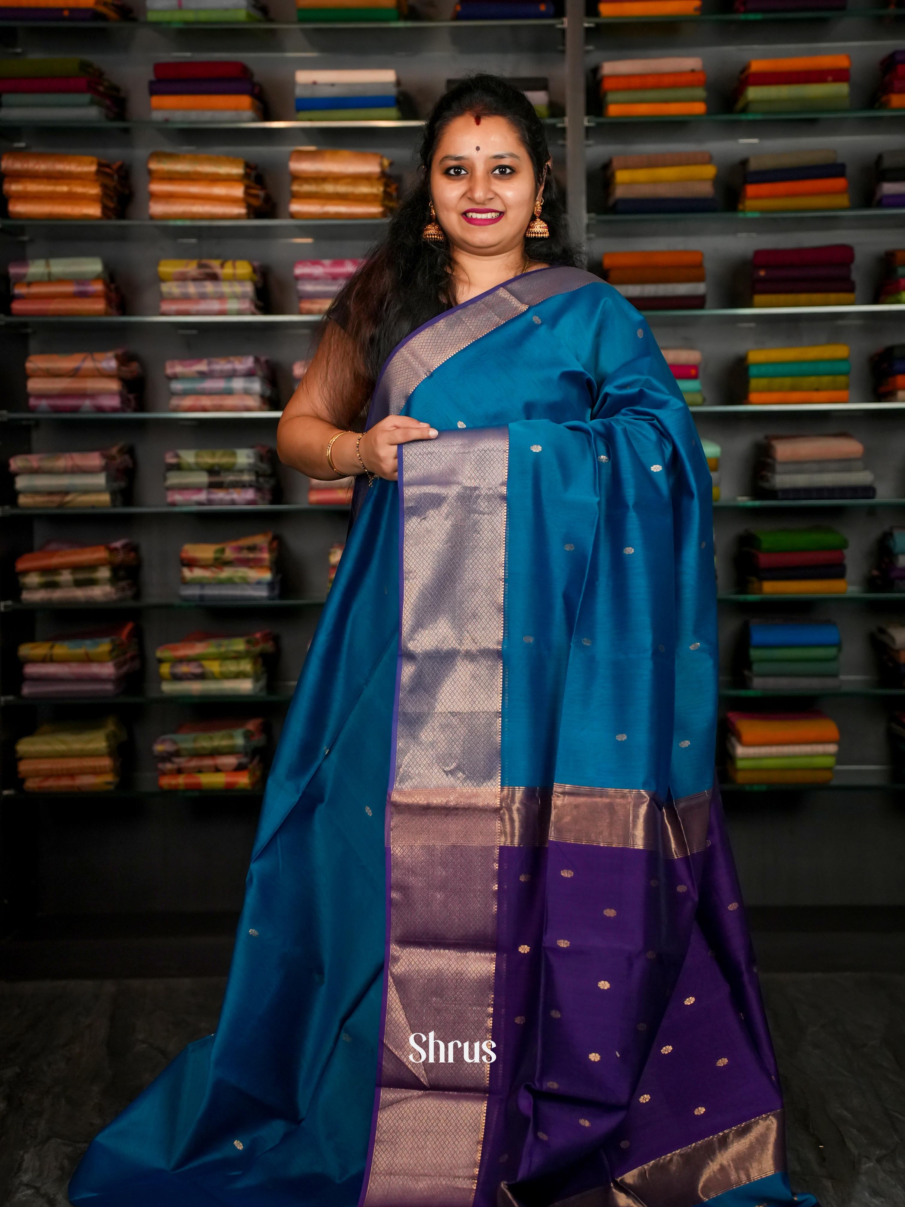 Blue & Purple - Maheshwari silkcotton Saree - Shop on ShrusEternity.com