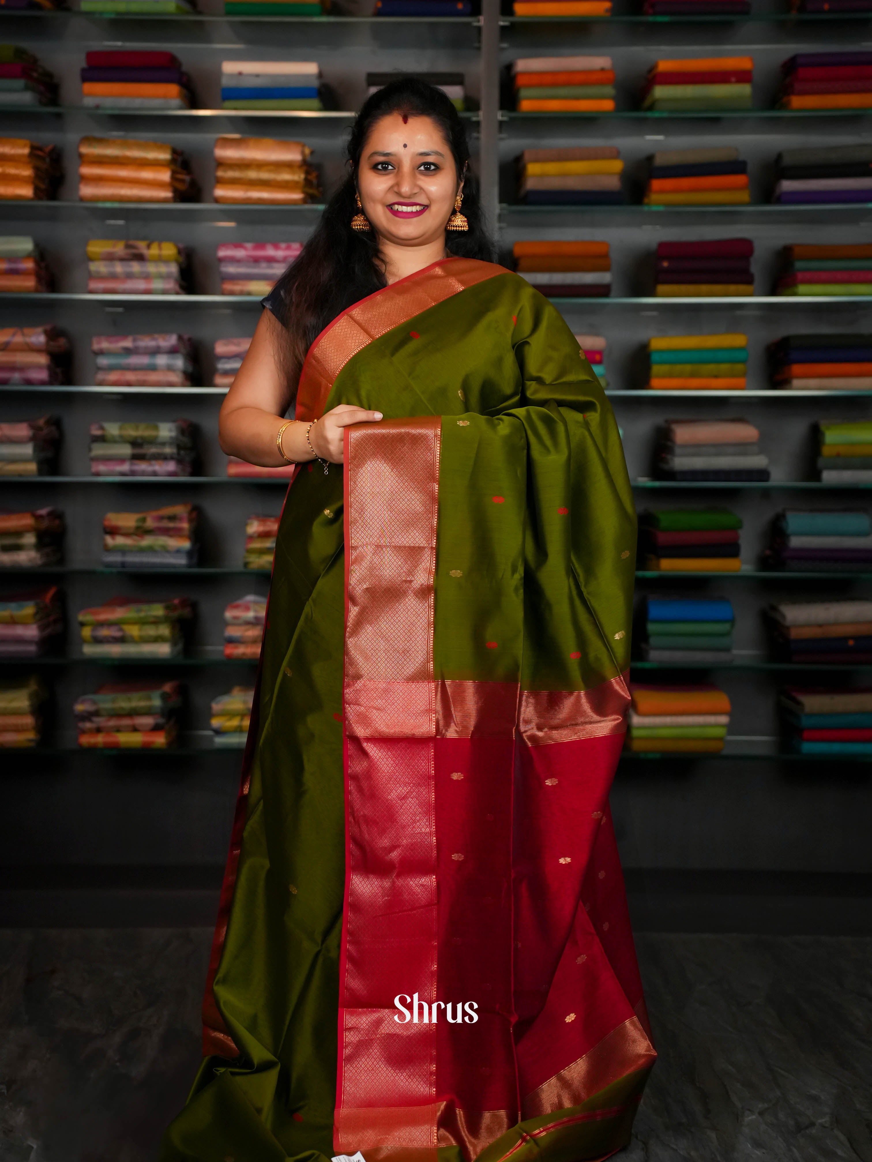 Green Red Maheshwari silkcotton Saree - Shop on ShrusEternity.com