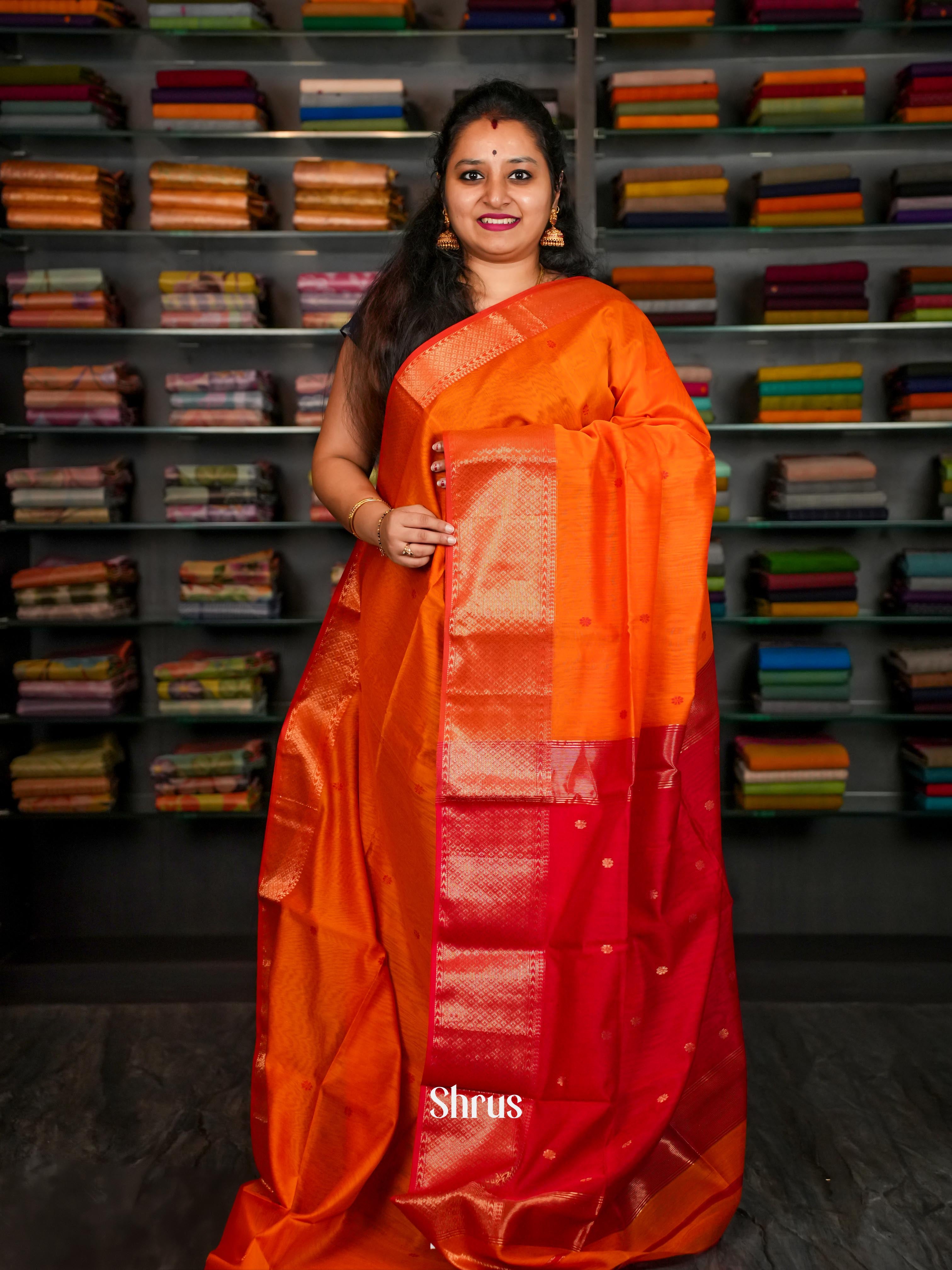 Fiery orange & Red Maheshwari silkcotton Saree - Shop on ShrusEternity.com