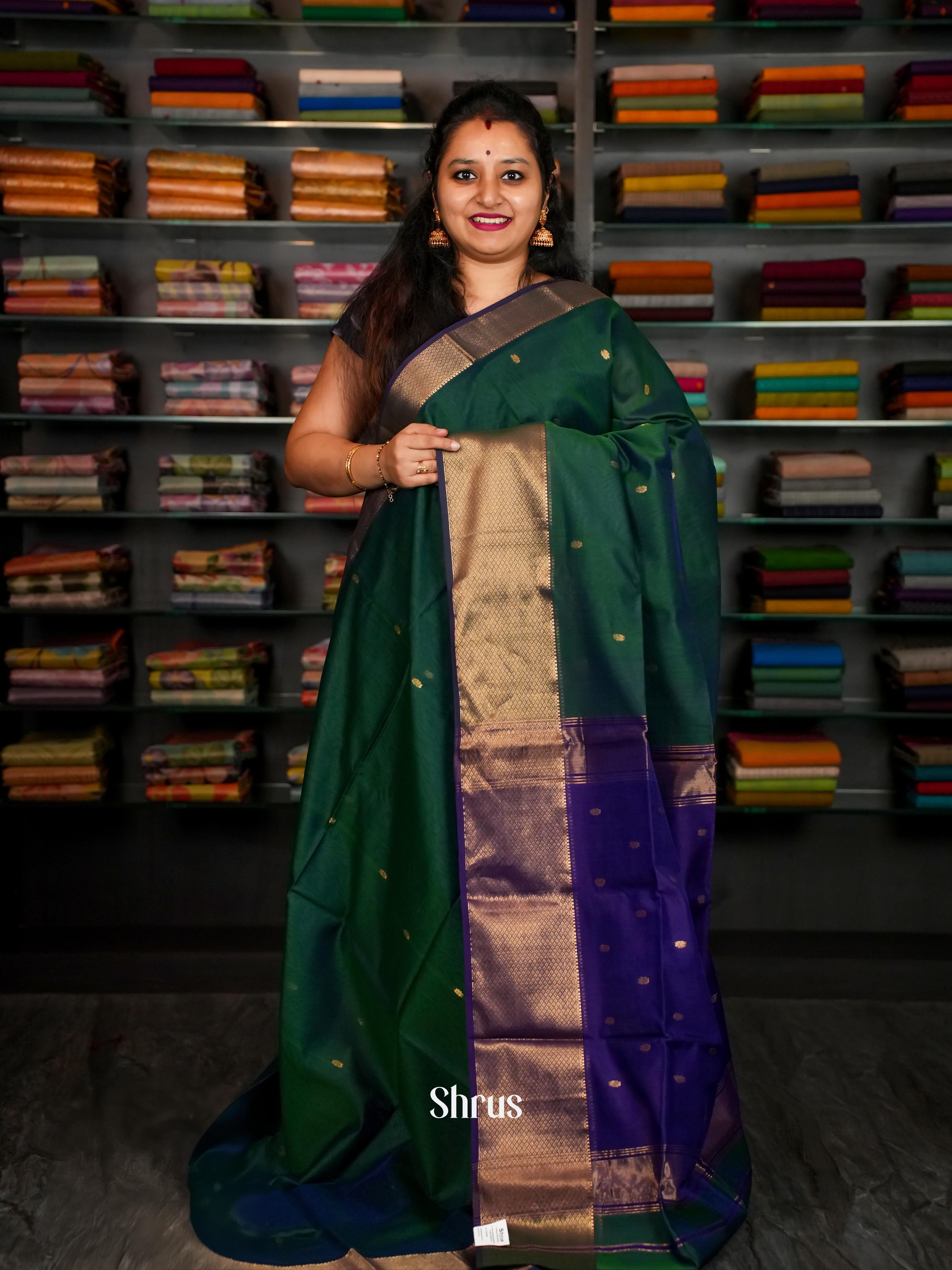 Green & Purple - Maheshwari silkcotton Saree - Shop on ShrusEternity.com