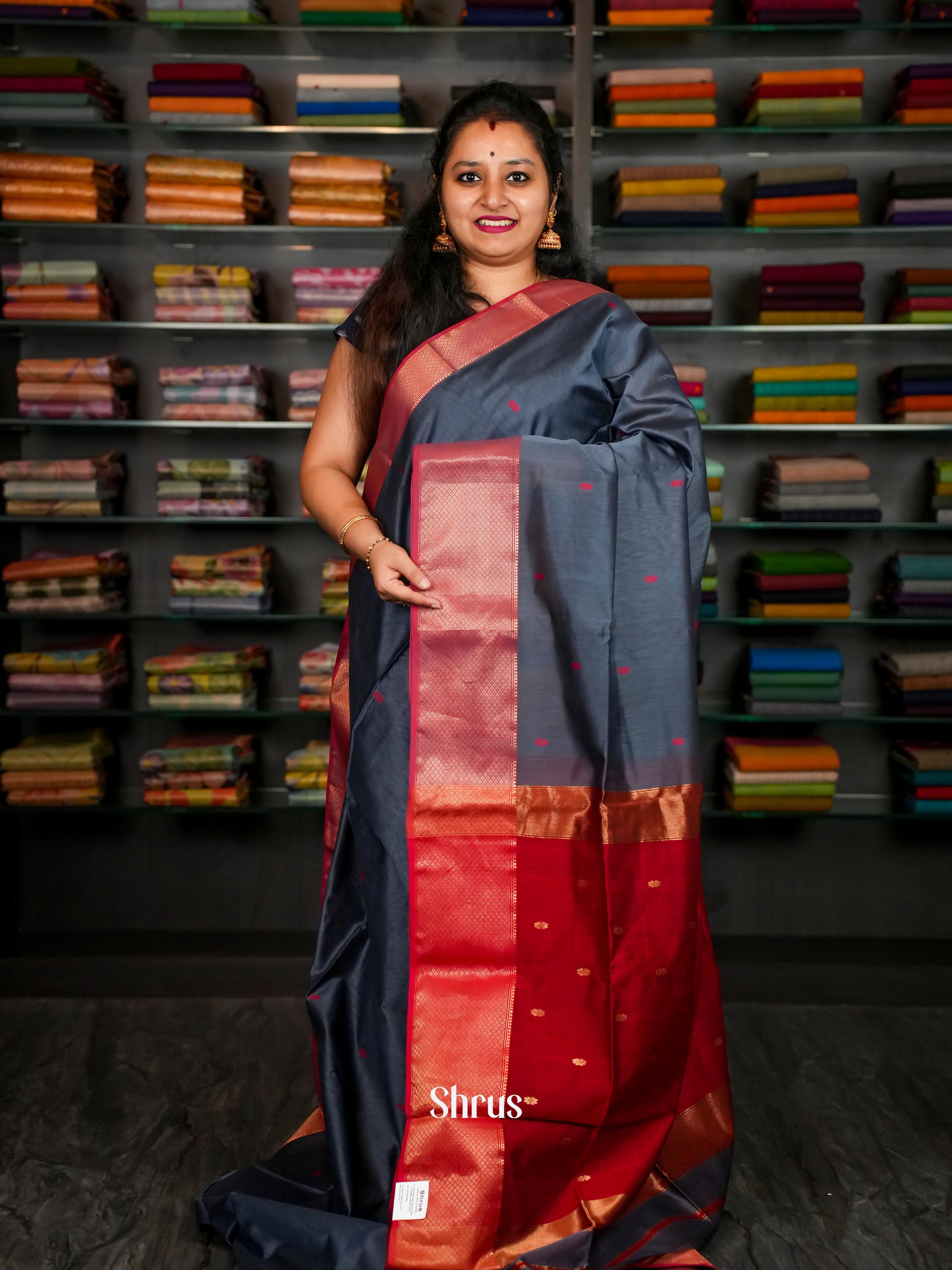Dark Grey & Red - Maheshwari silkcotton Saree - Shop on ShrusEternity.com