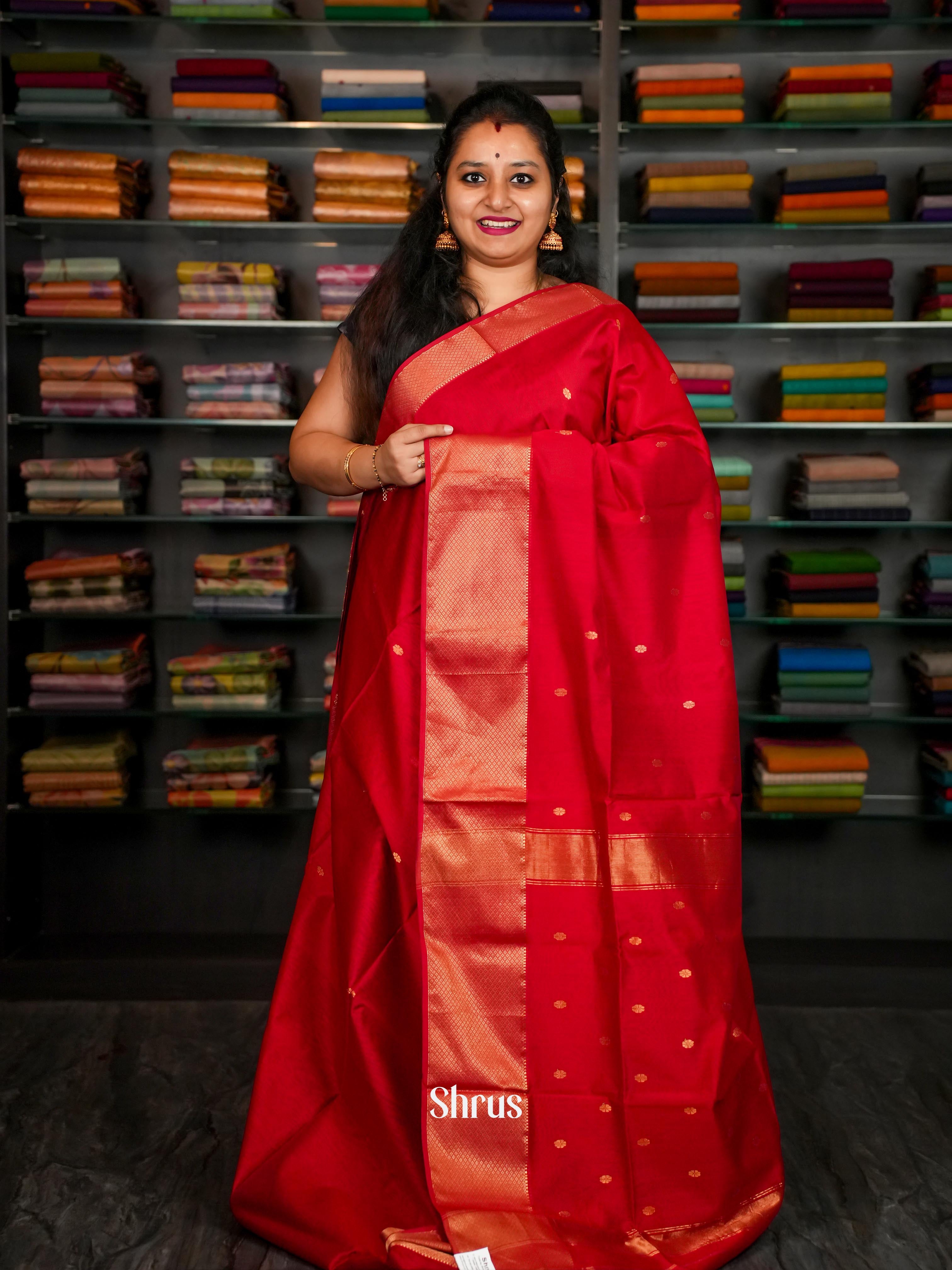 Red - Maheshwari silkcotton Saree - Shop on ShrusEternity.com