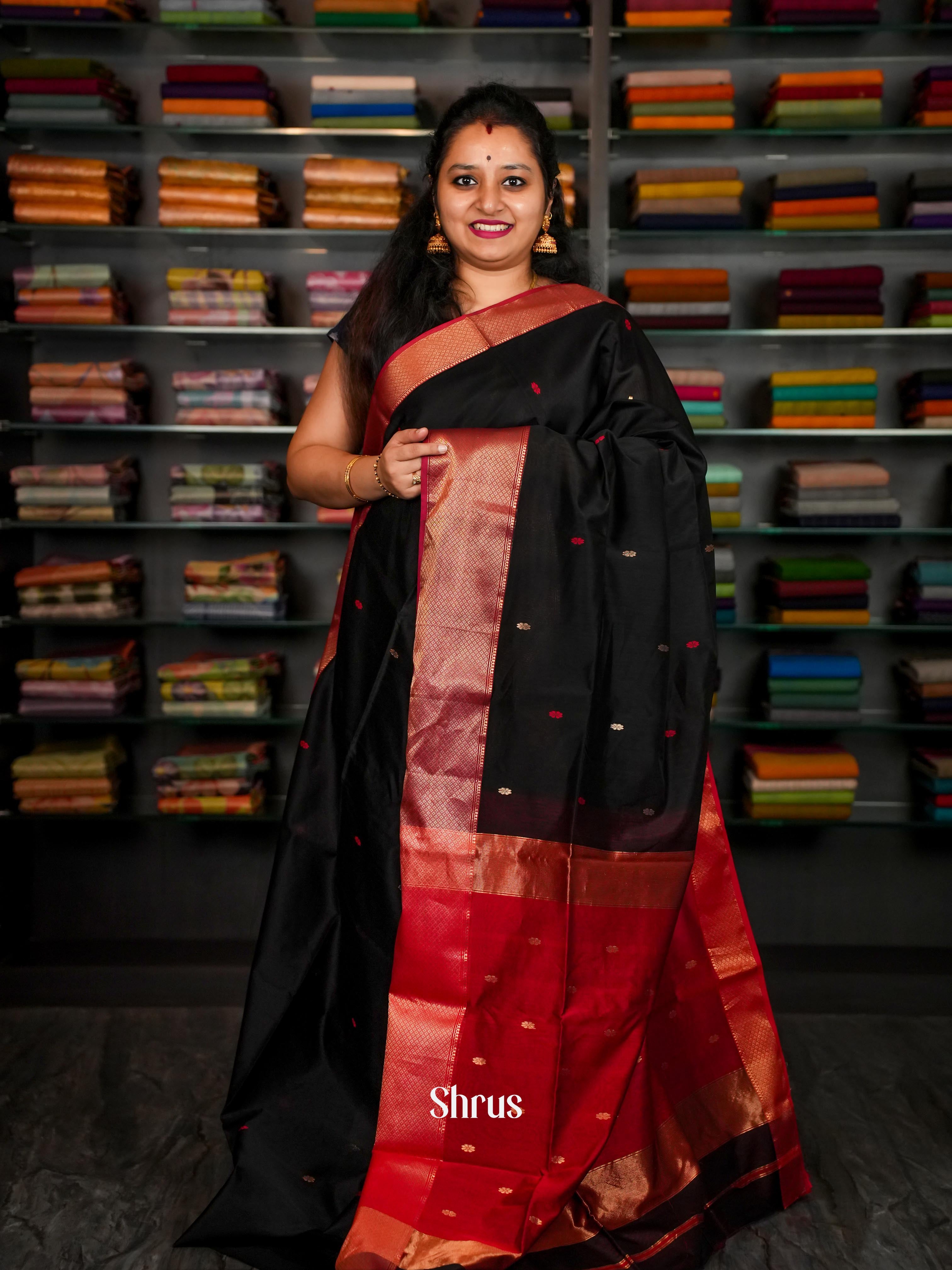 Black & Red - Maheshwari silkcotton Saree - Shop on ShrusEternity.com