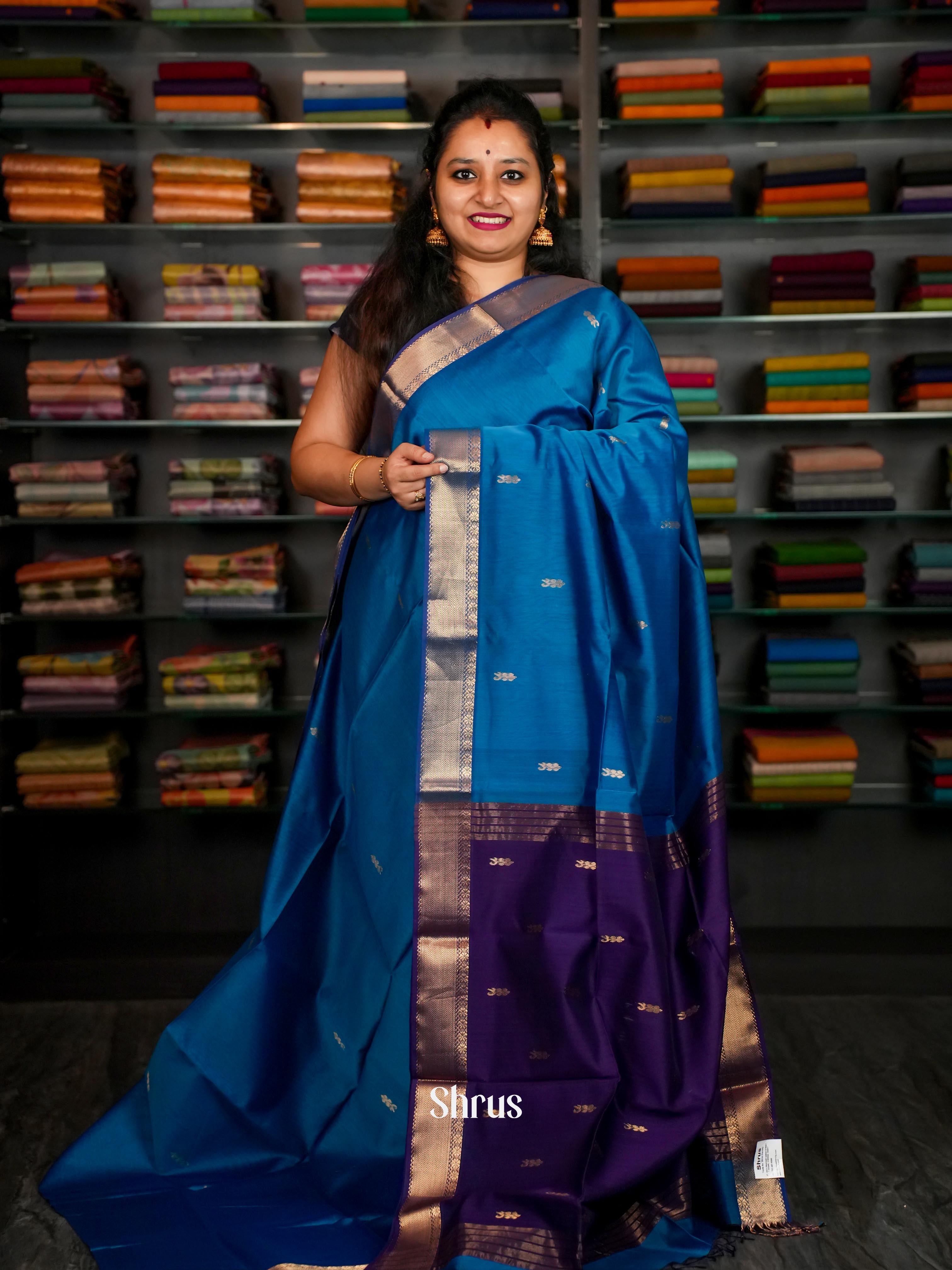 Blue & Purple - Maheshwari silkcotton Saree - Shop on ShrusEternity.com