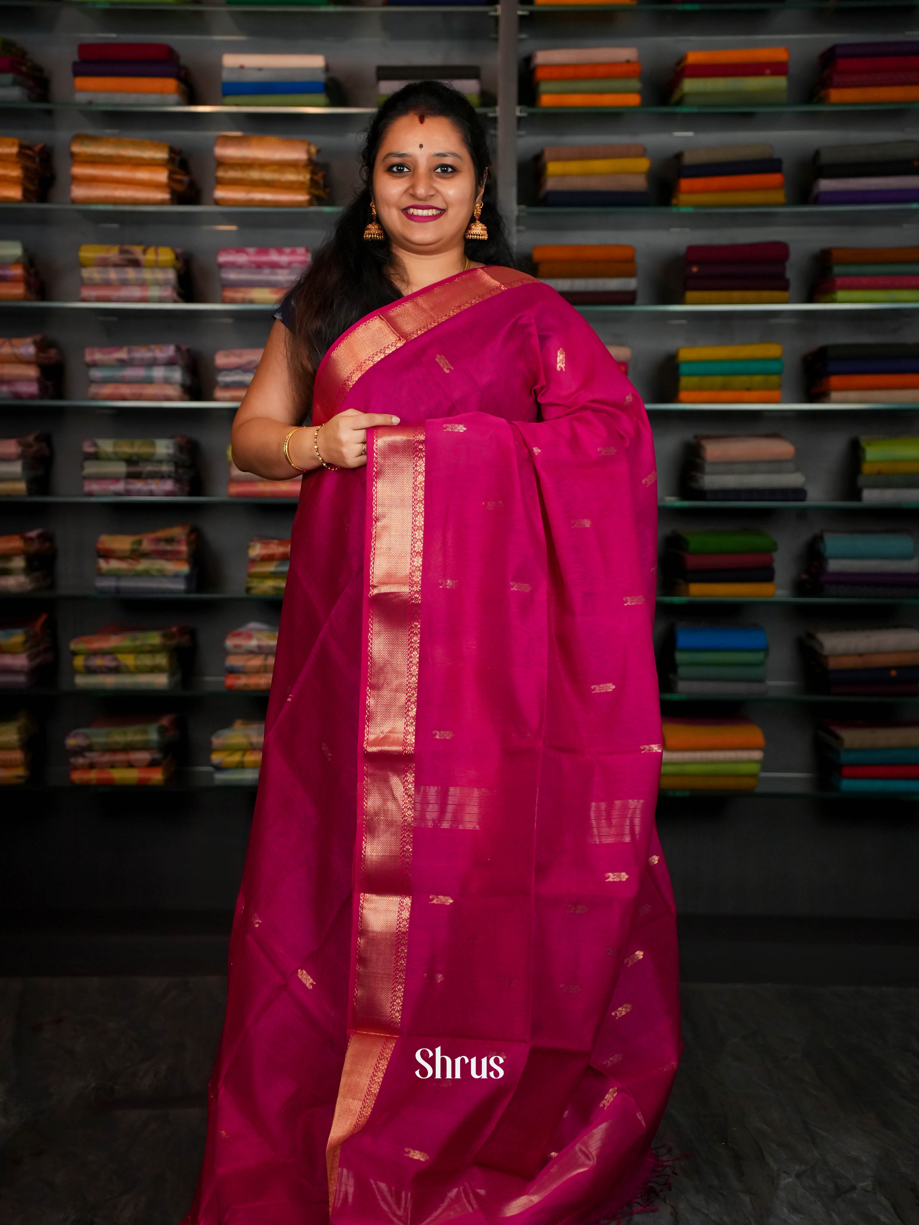 Pink Maheshwari silkcotton Saree - Shop on ShrusEternity.com