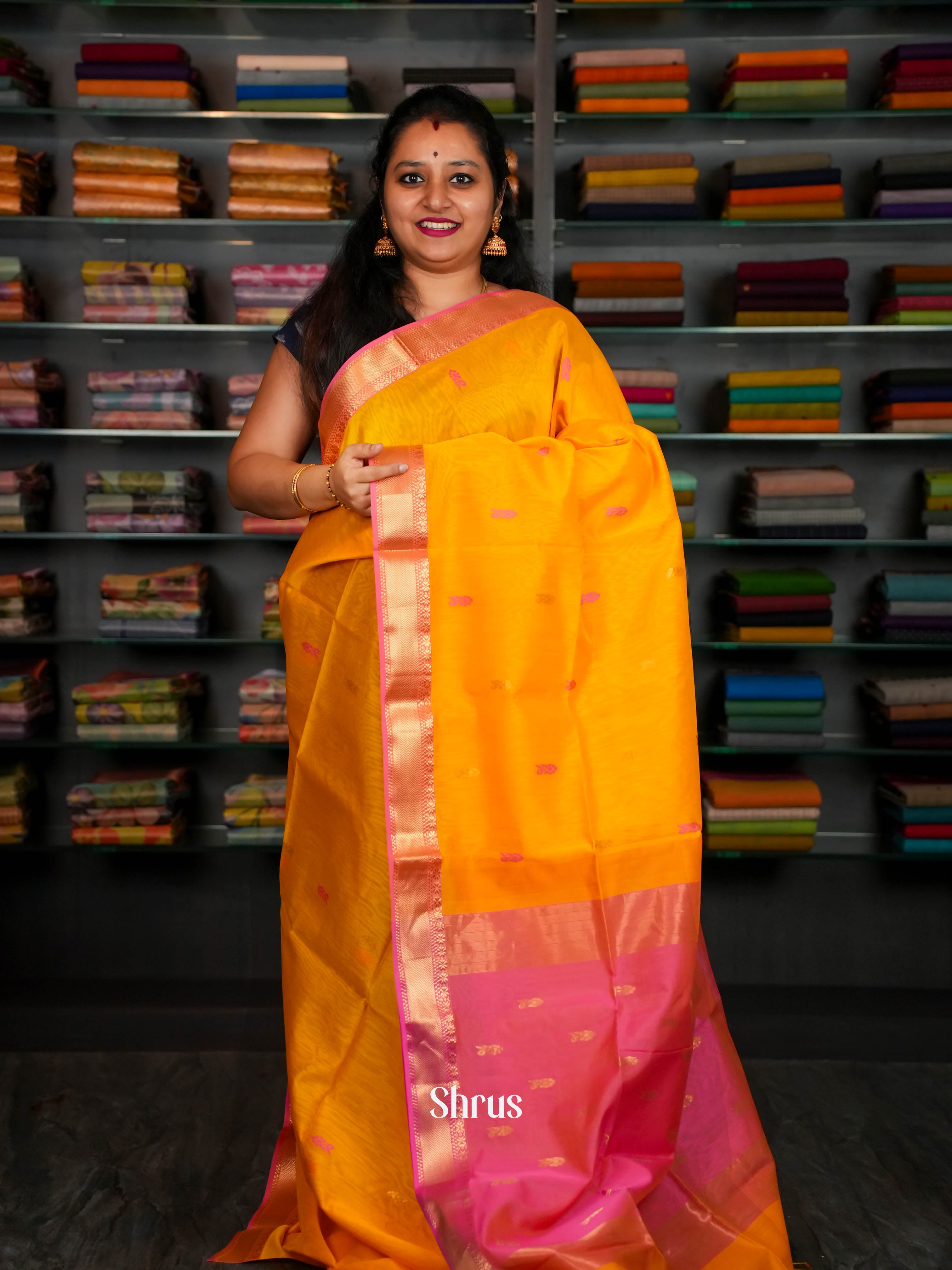 Yellow & Pink - Maheshwari silkcotton Saree - Shop on ShrusEternity.com