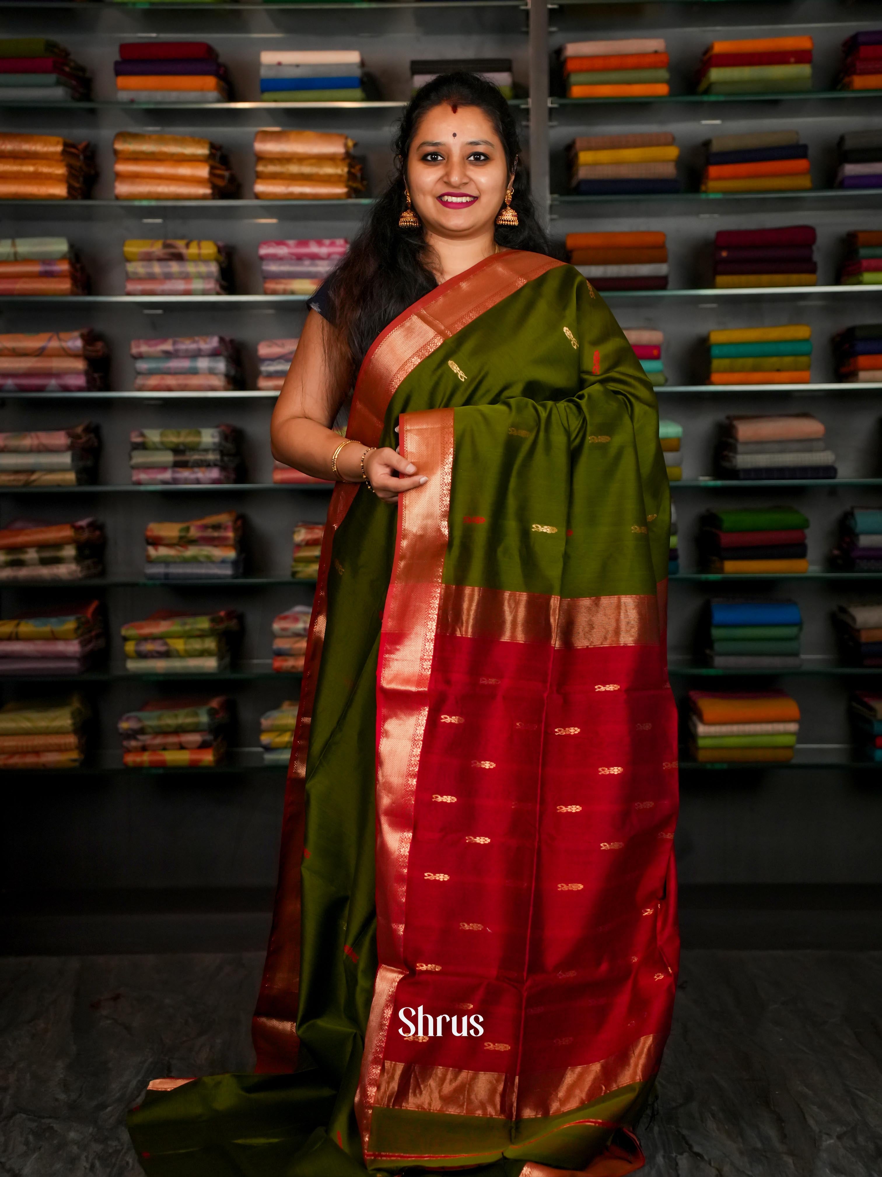 Mehendi Green Maheshwari silkcotton Saree - Shop on ShrusEternity.com