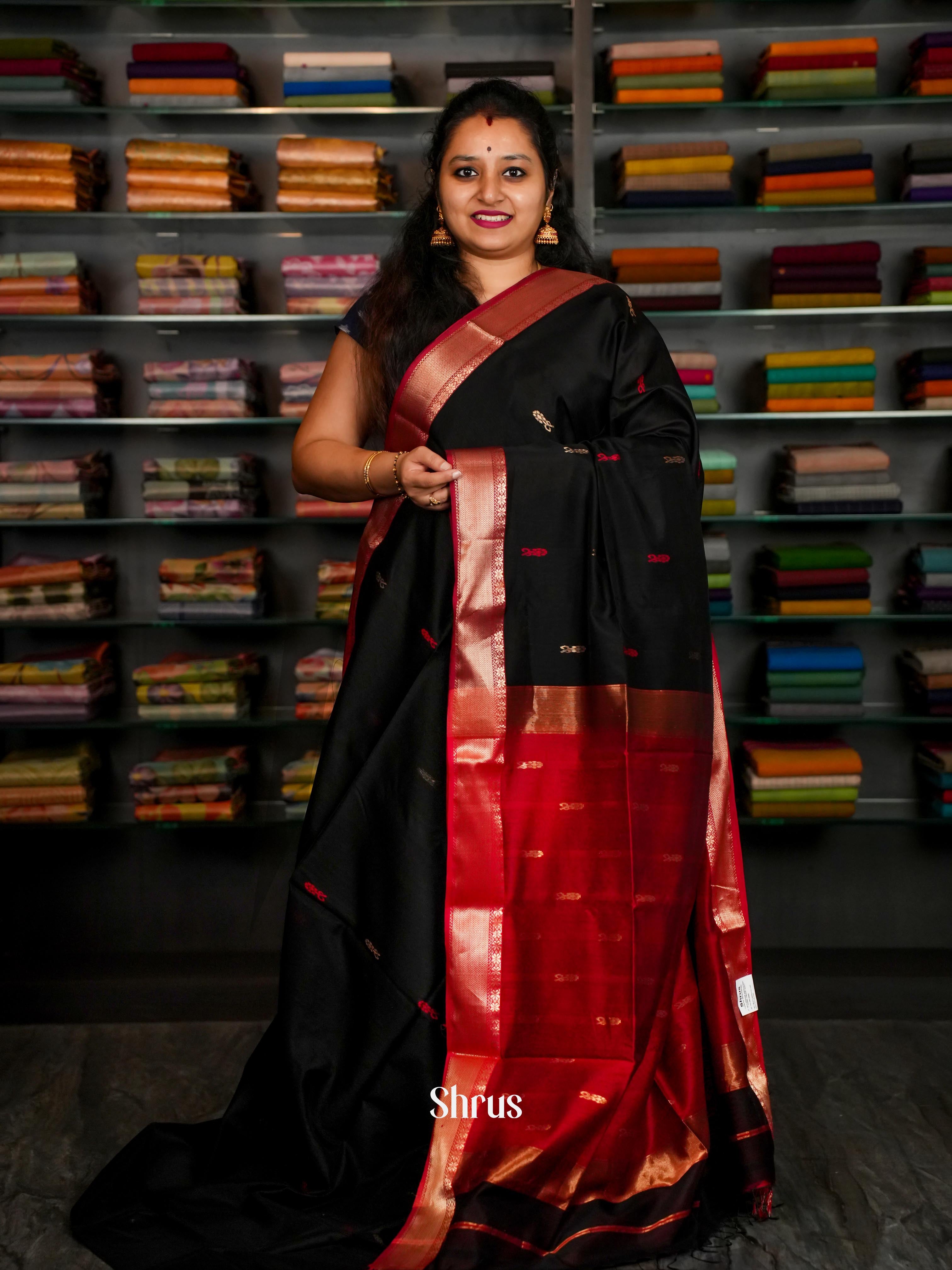 Black Red Maheshwari silkcotton Saree - Shop on ShrusEternity.com