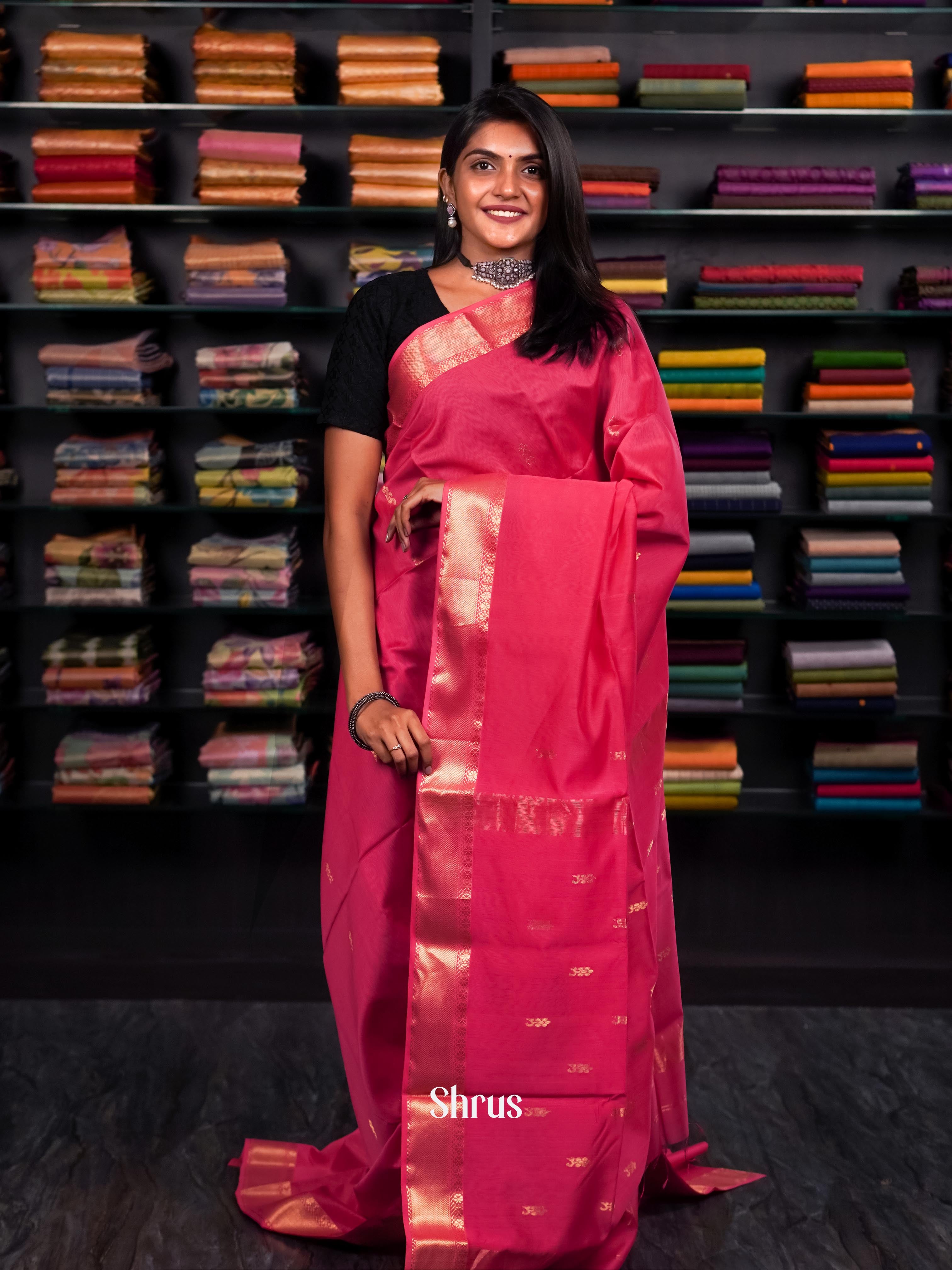 Reddish Pink- Maheshwari silkcotton saree - Shop on ShrusEternity.com