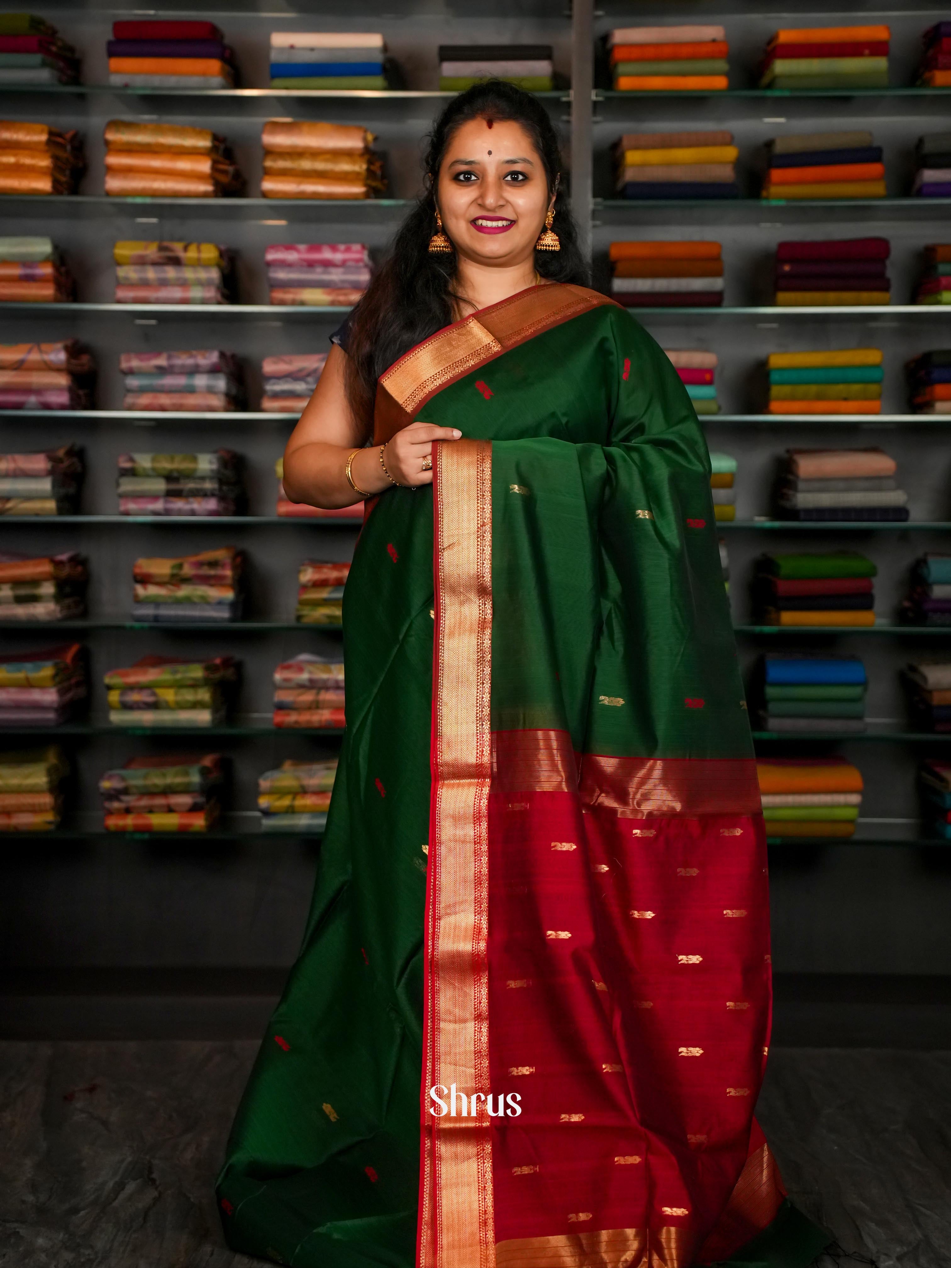 Green & Red - Maheshwari silkcotton Saree - Shop on ShrusEternity.com