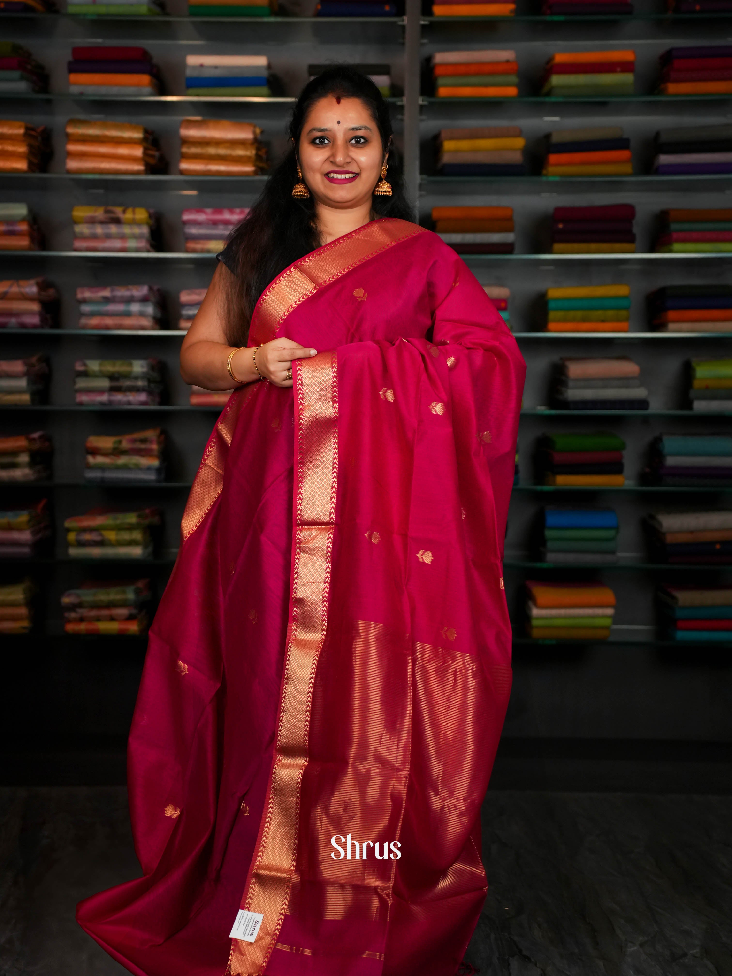 Pink Maheshwari silkcotton Saree - Shop on ShrusEternity.com