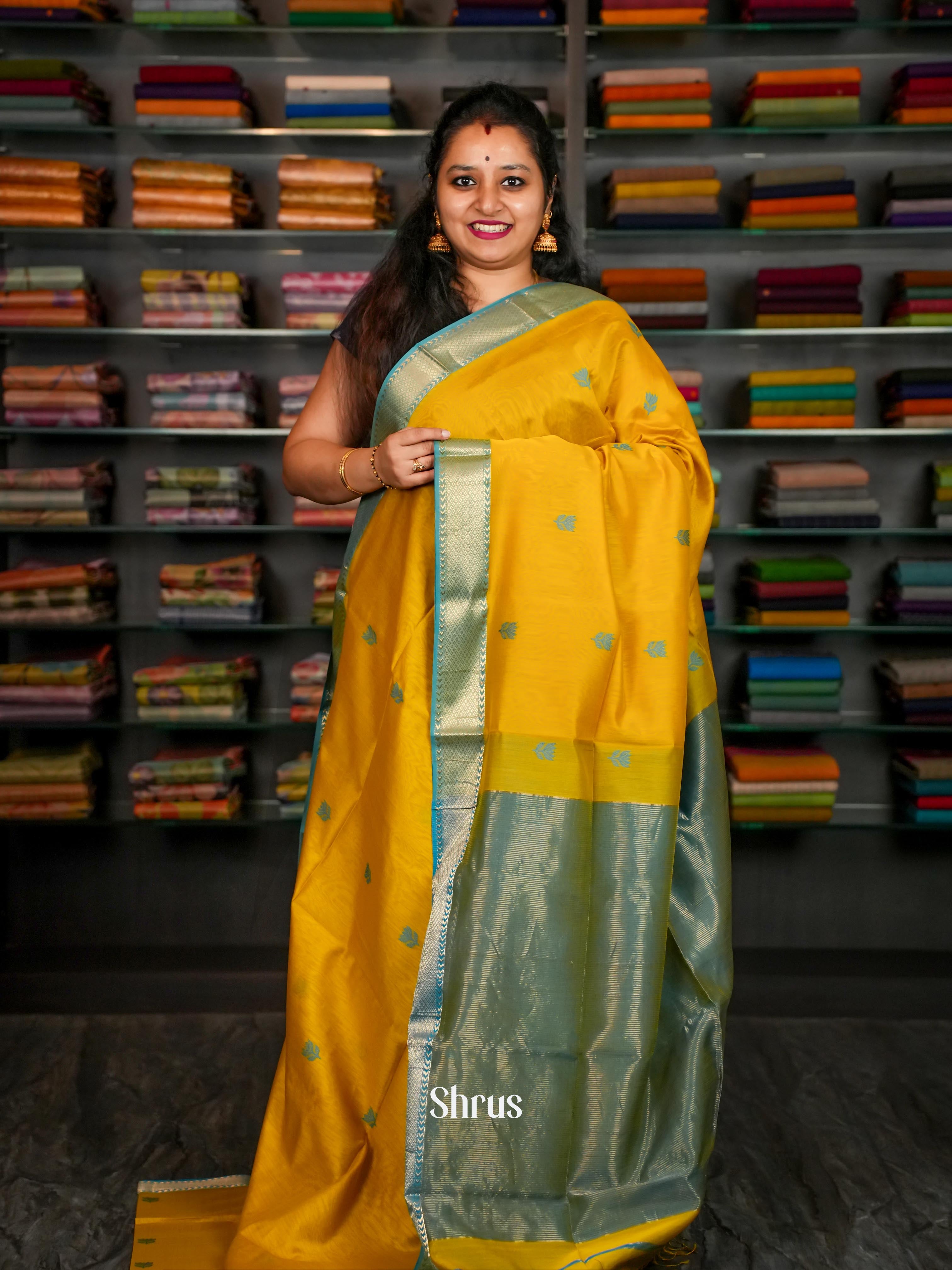 Olive Yellow & Blue - Maheshwari silkcotton Saree - Shop on ShrusEternity.com