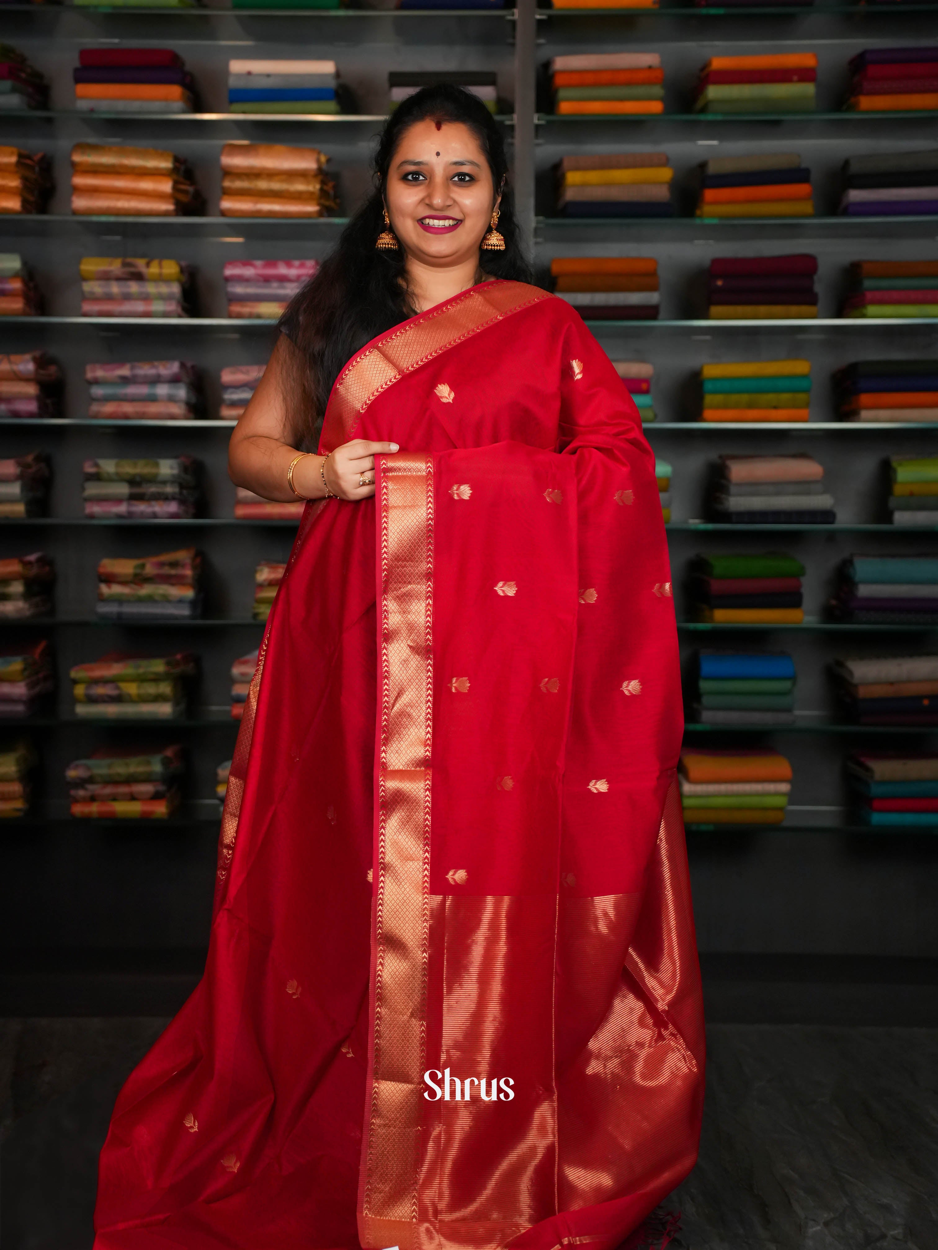 Green Red Maheshwari silkcotton Saree - Shop on ShrusEternity.com