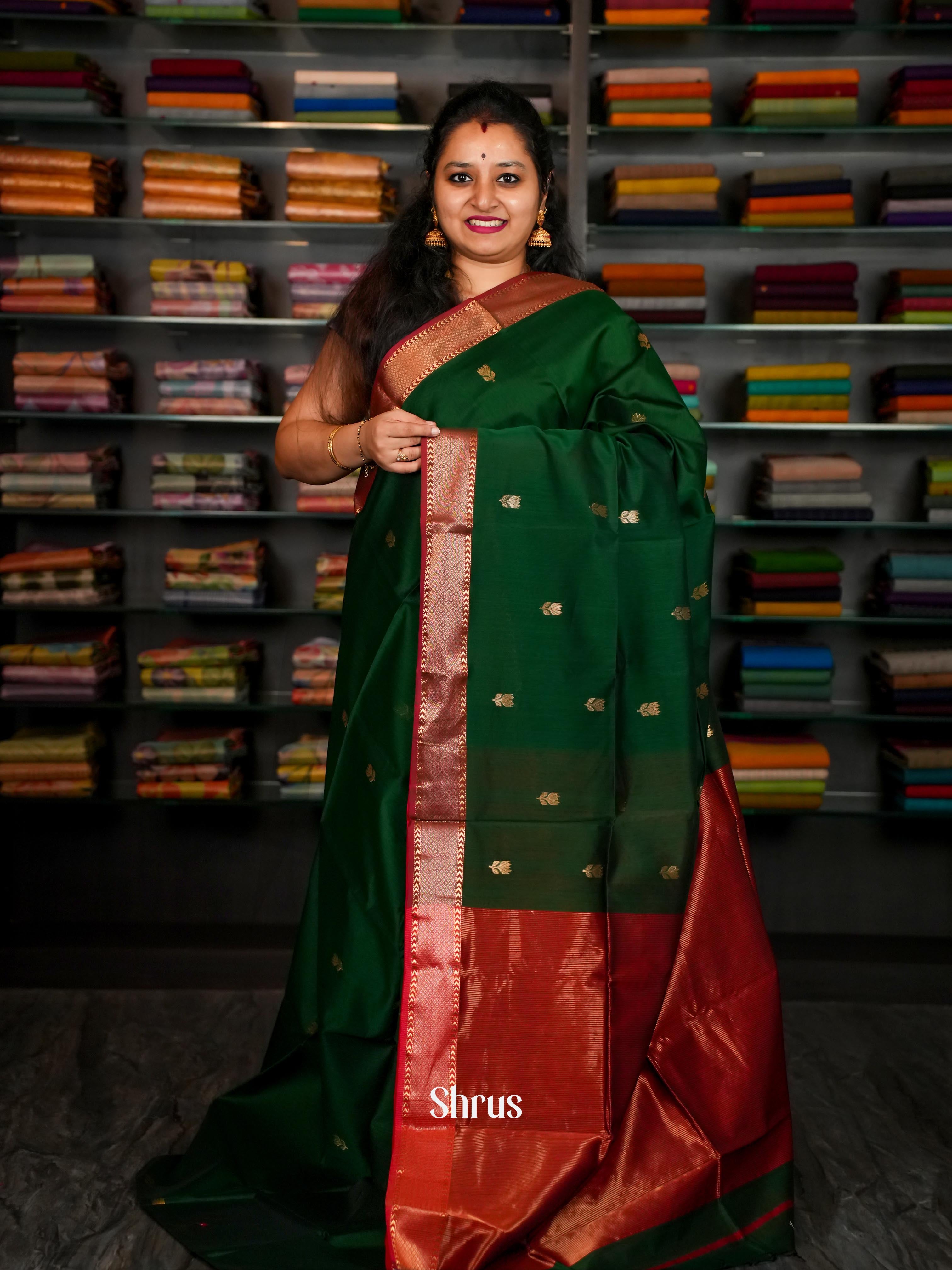 Forest Green & Red - Maheshwari silkcotton Saree - Shop on ShrusEternity.com