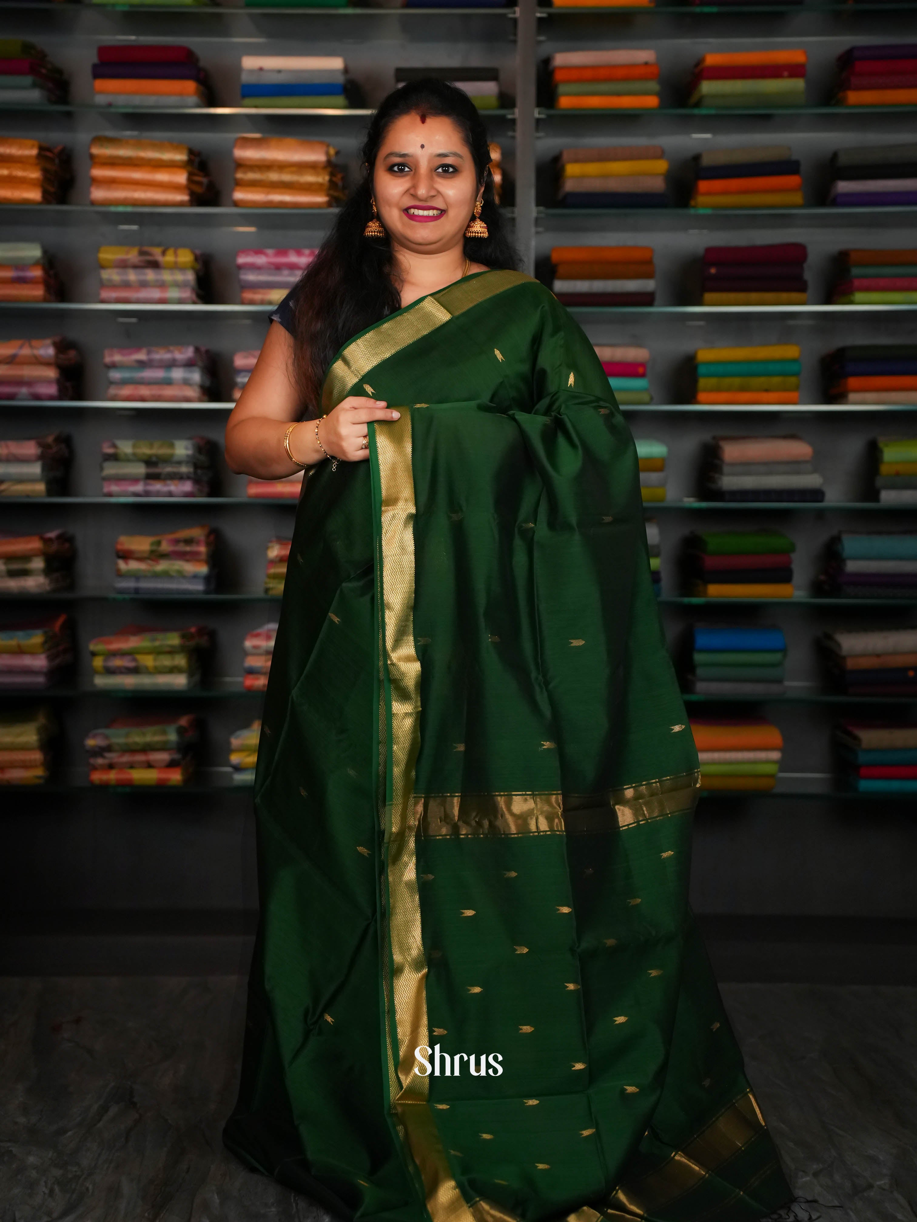Green Maheshwari silkcotton Saree - Shop on ShrusEternity.com