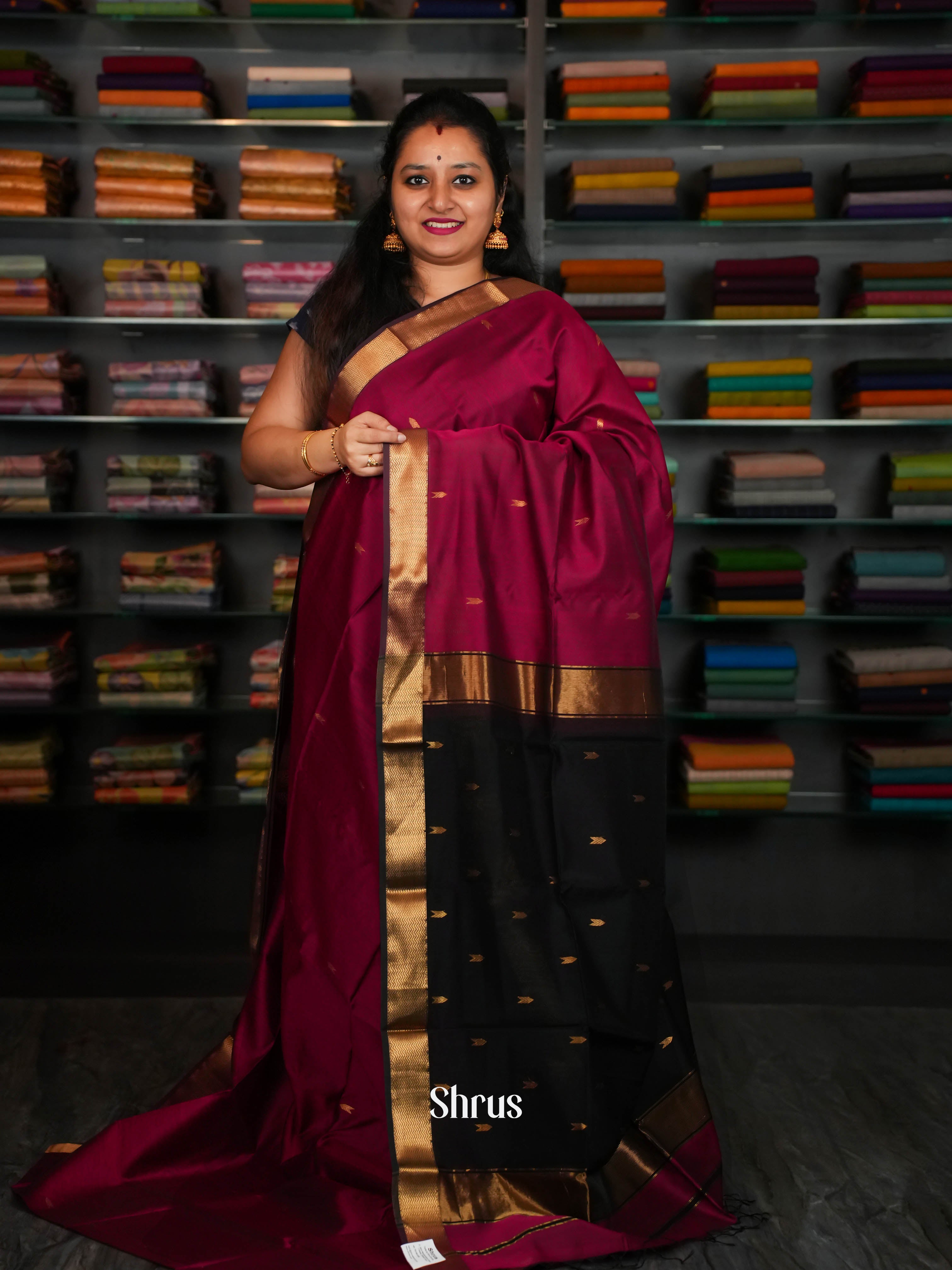 Pink Black Maheshwari silkcotton Saree - Shop on ShrusEternity.com