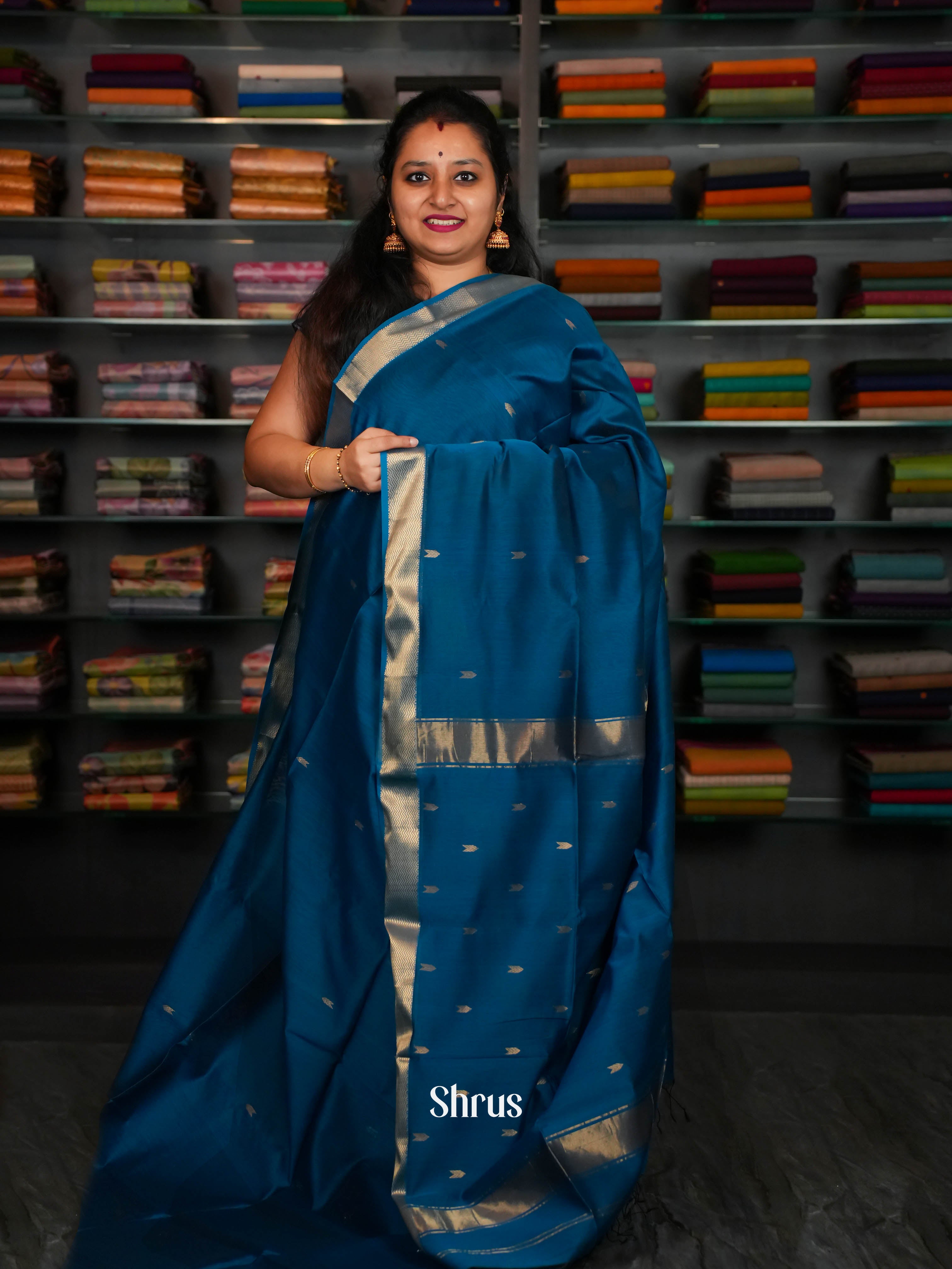 Blue - Maheshwari silkcotton Saree - Shop on ShrusEternity.com