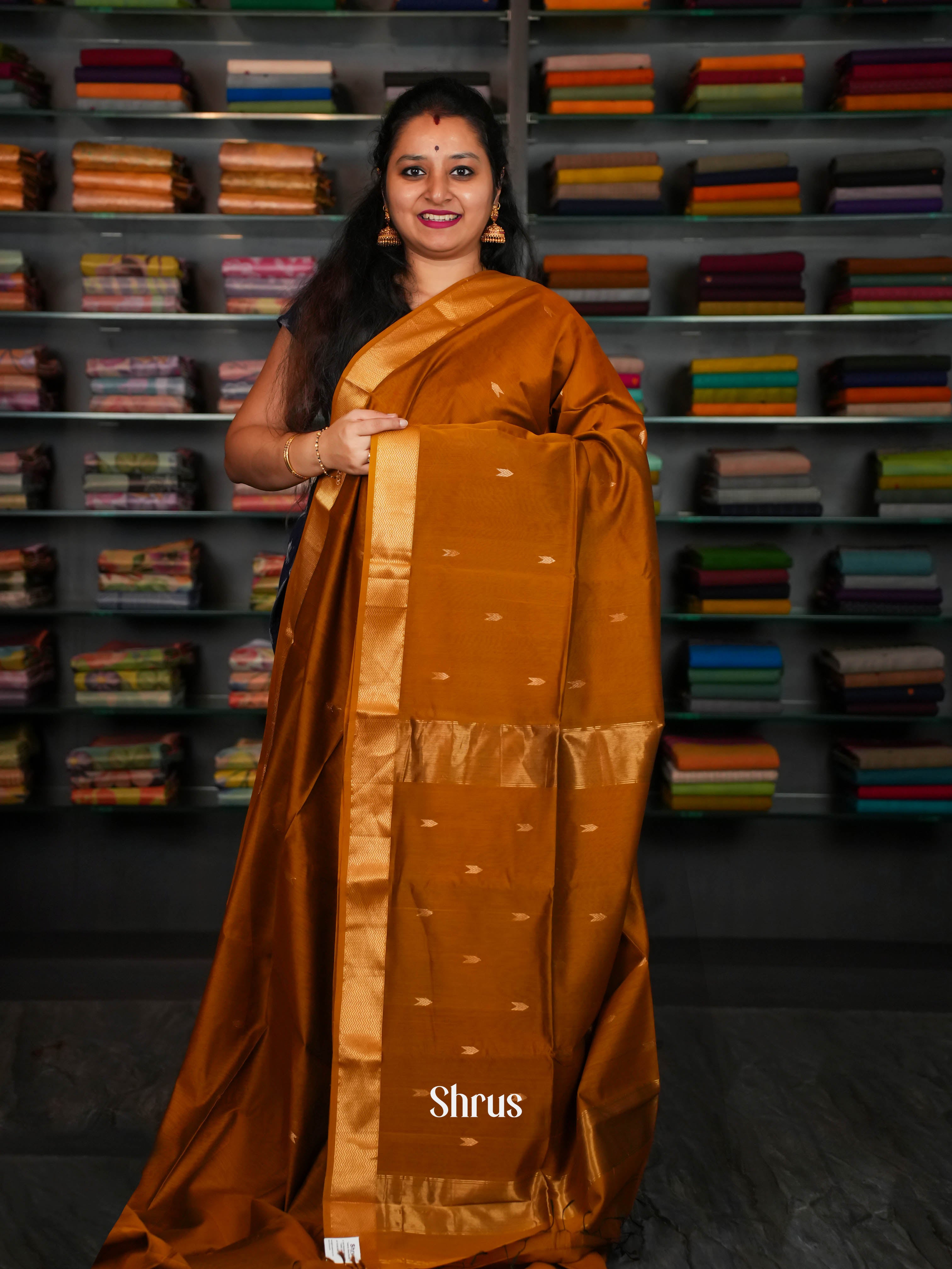 Mustard Maheshwari silkcotton Saree - Shop on ShrusEternity.com