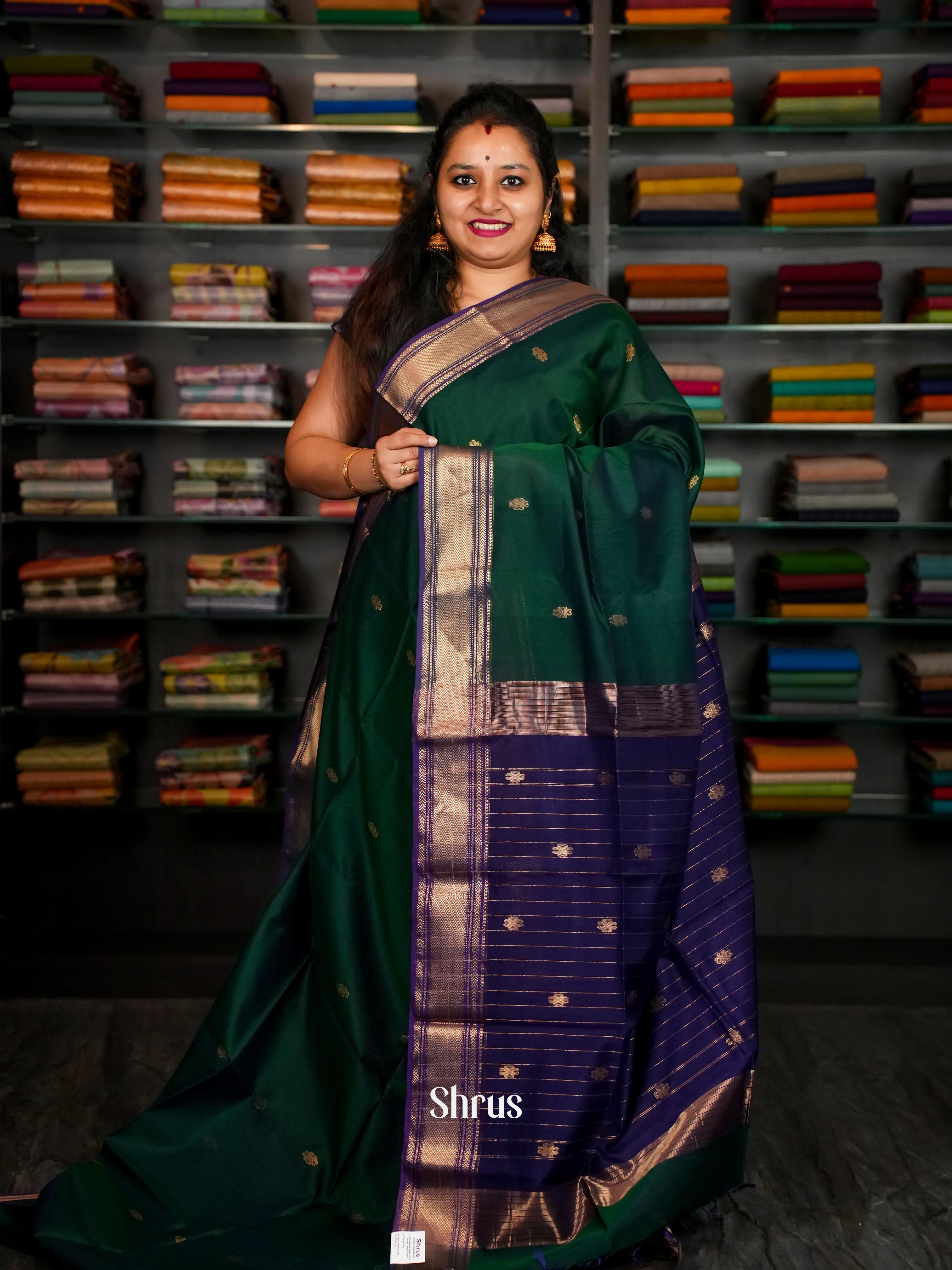 Green & Indigo - Maheshwari silkcotton Saree - Shop on ShrusEternity.com