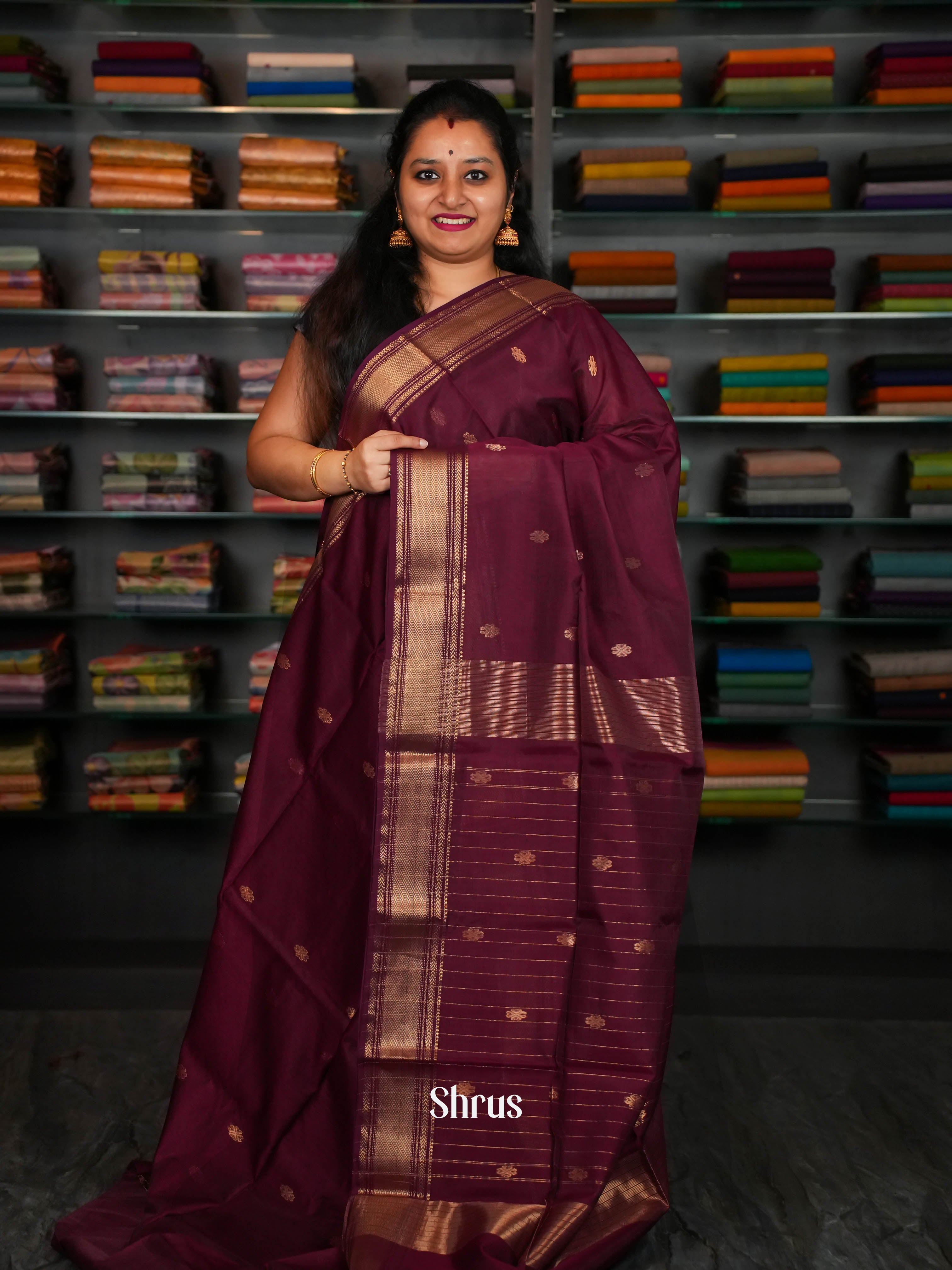 Deep wine Maheshwari silkcotton Saree - Shop on ShrusEternity.com