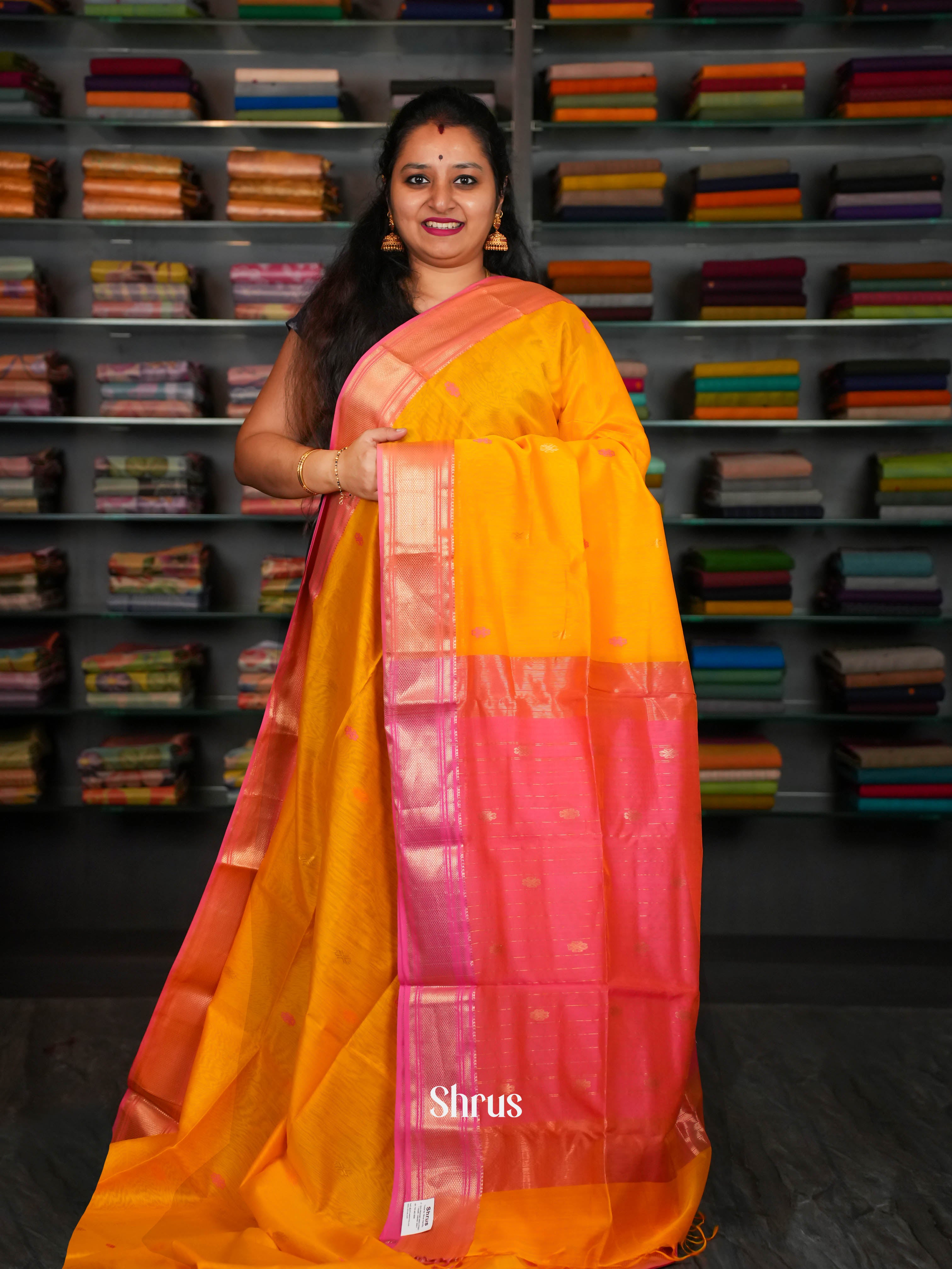 Yellow Pink Maheshwari silkcotton Saree - Shop on ShrusEternity.com