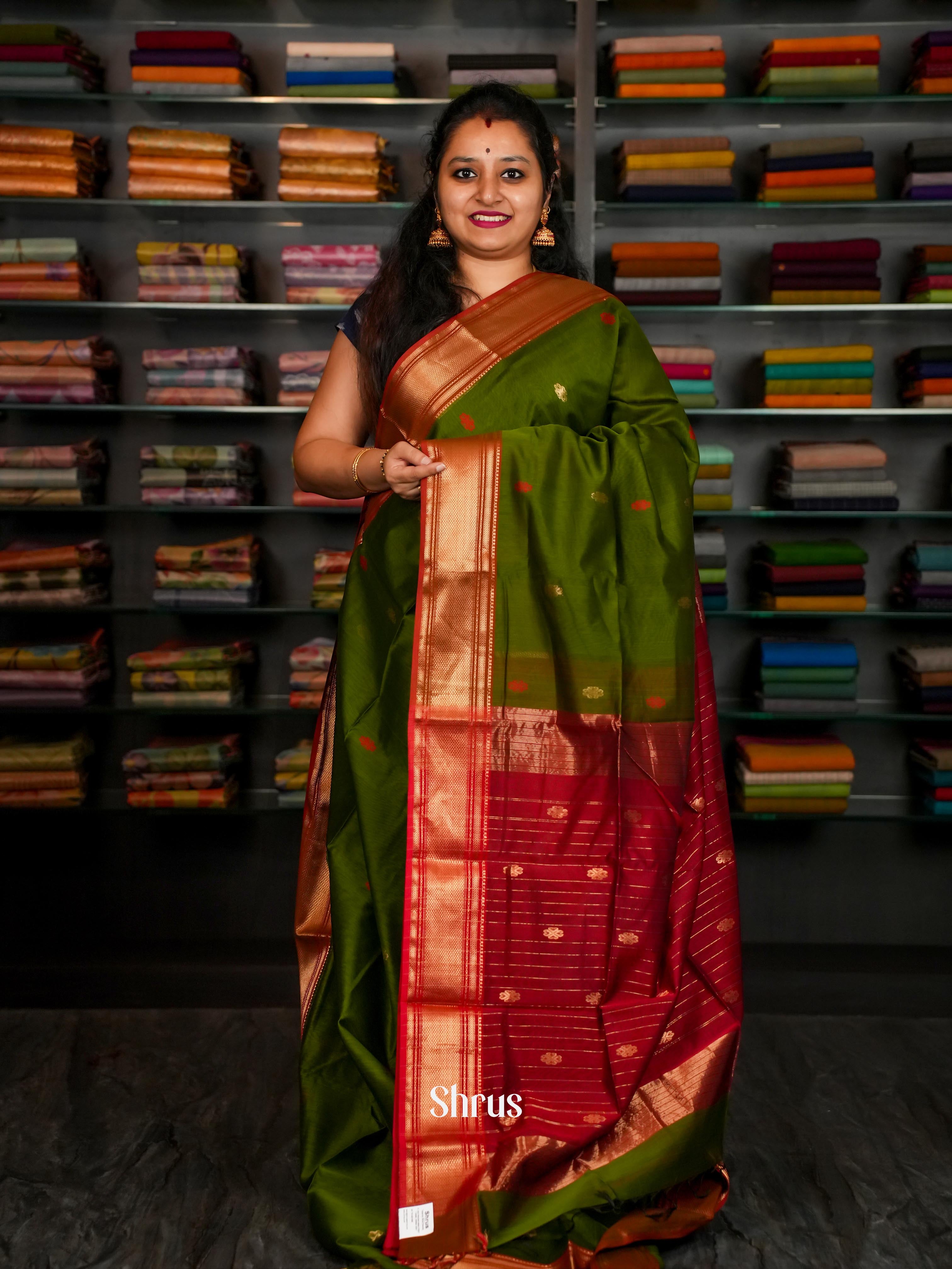 Green & Red - Maheshwari silkcotton Saree - Shop on ShrusEternity.com