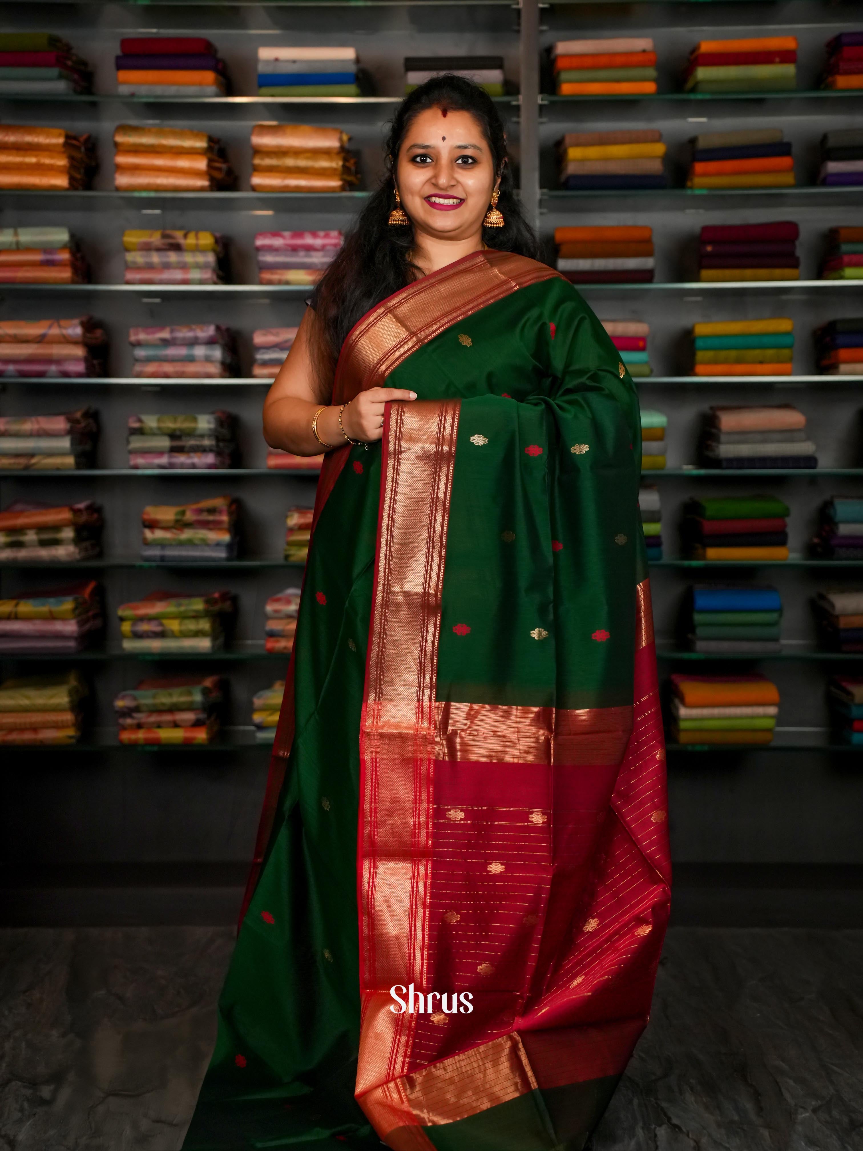 Green & Red - Kanchipuram-halfpure Saree - Shop on ShrusEternity.com