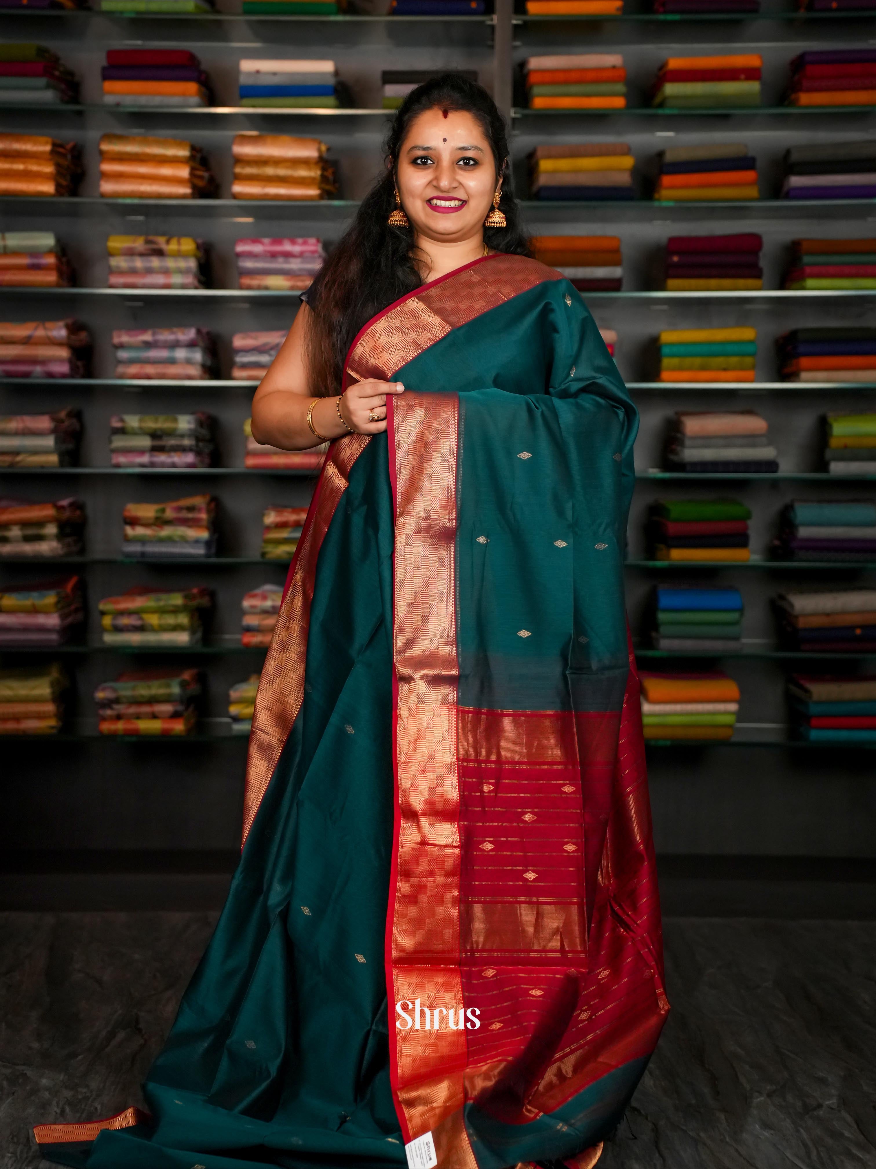 Forest Green - Maheshwari silkcotton Saree - Shop on ShrusEternity.com