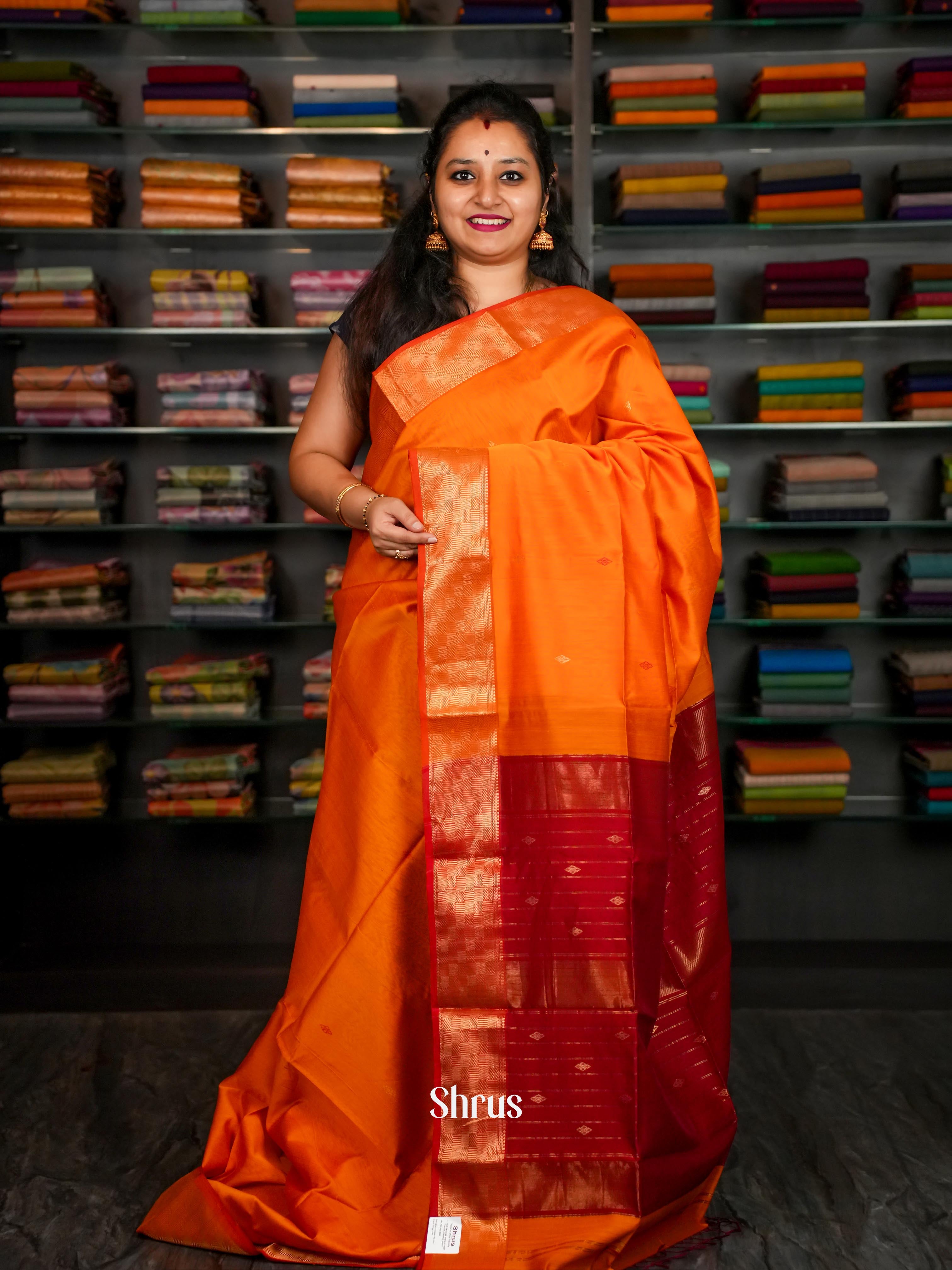 Orange & Maroon - Maheshwari silkcotton Saree - Shop on ShrusEternity.com