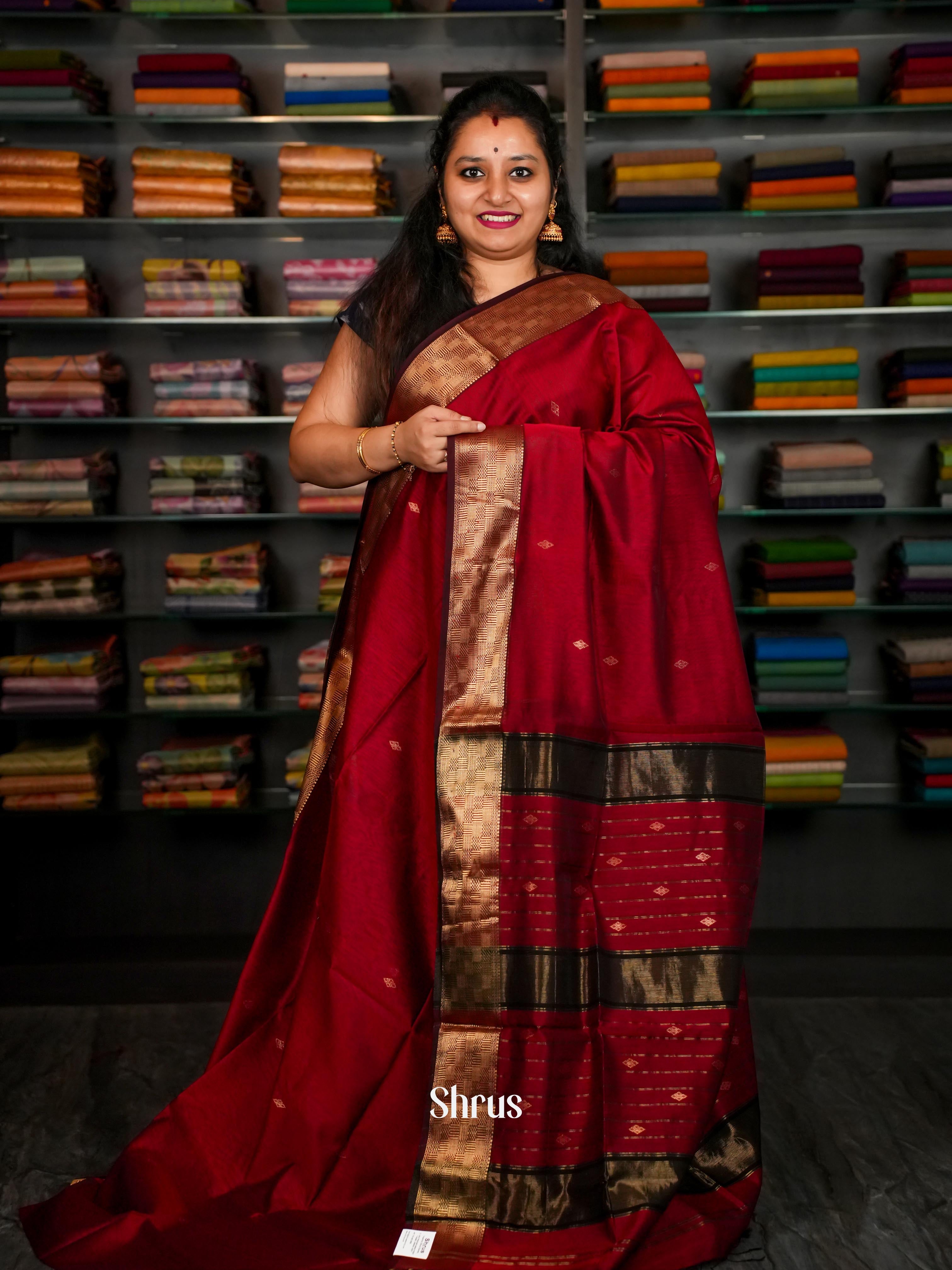 Black Red Maheshwari silkcotton Saree - Shop on ShrusEternity.com