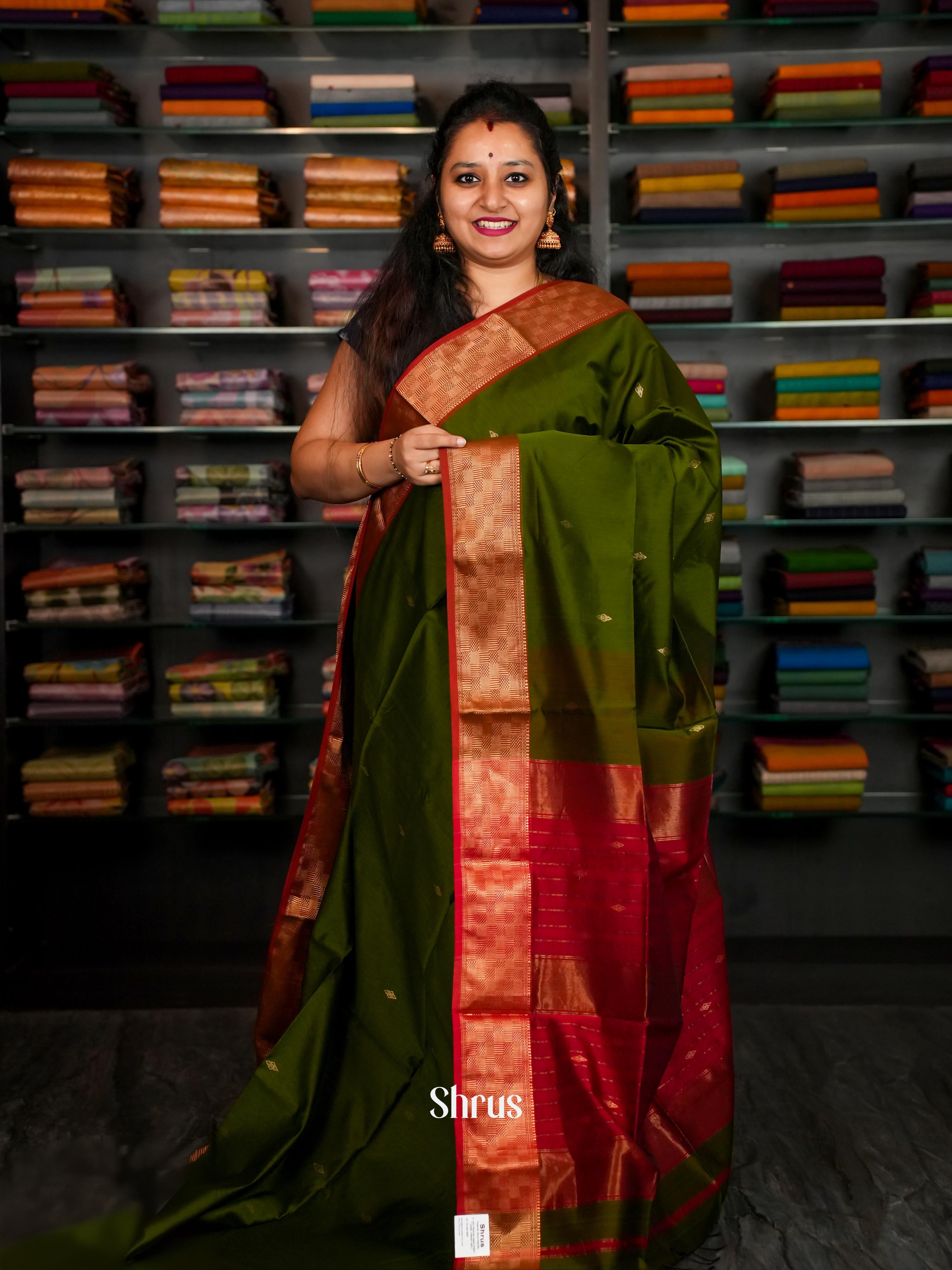Olive Green & Red - Maheshwari silkcotton Saree - Shop on ShrusEternity.com