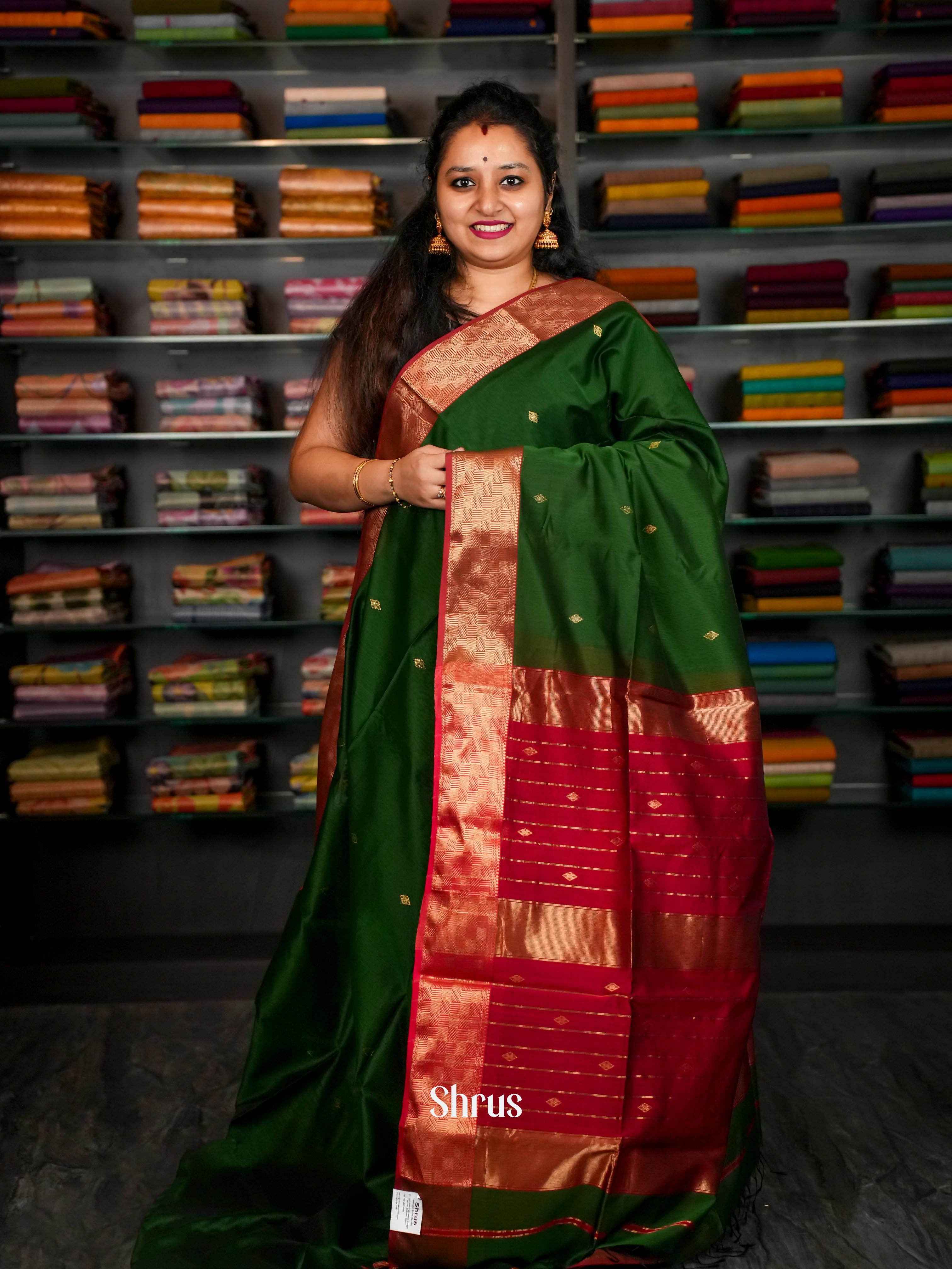 Green & Red Maheshwari silkcotton Saree - Shop on ShrusEternity.com