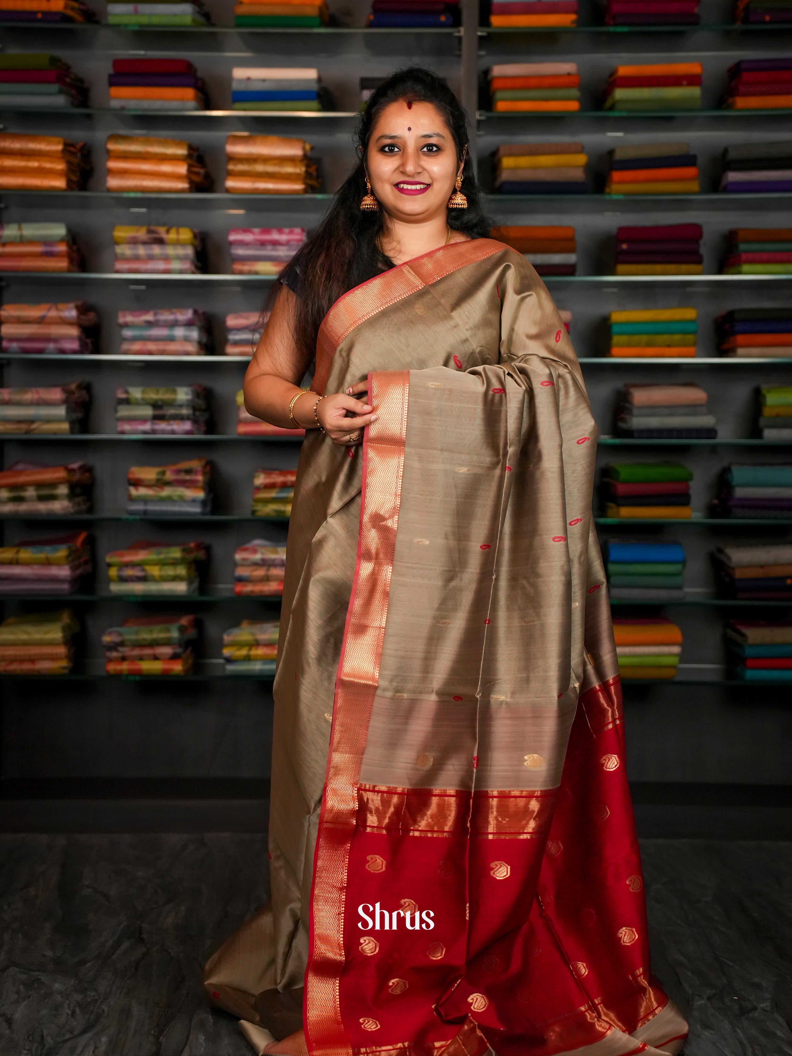 Olive Grey & Red - Maheshwari silkcotton Saree - Shop on ShrusEternity.com