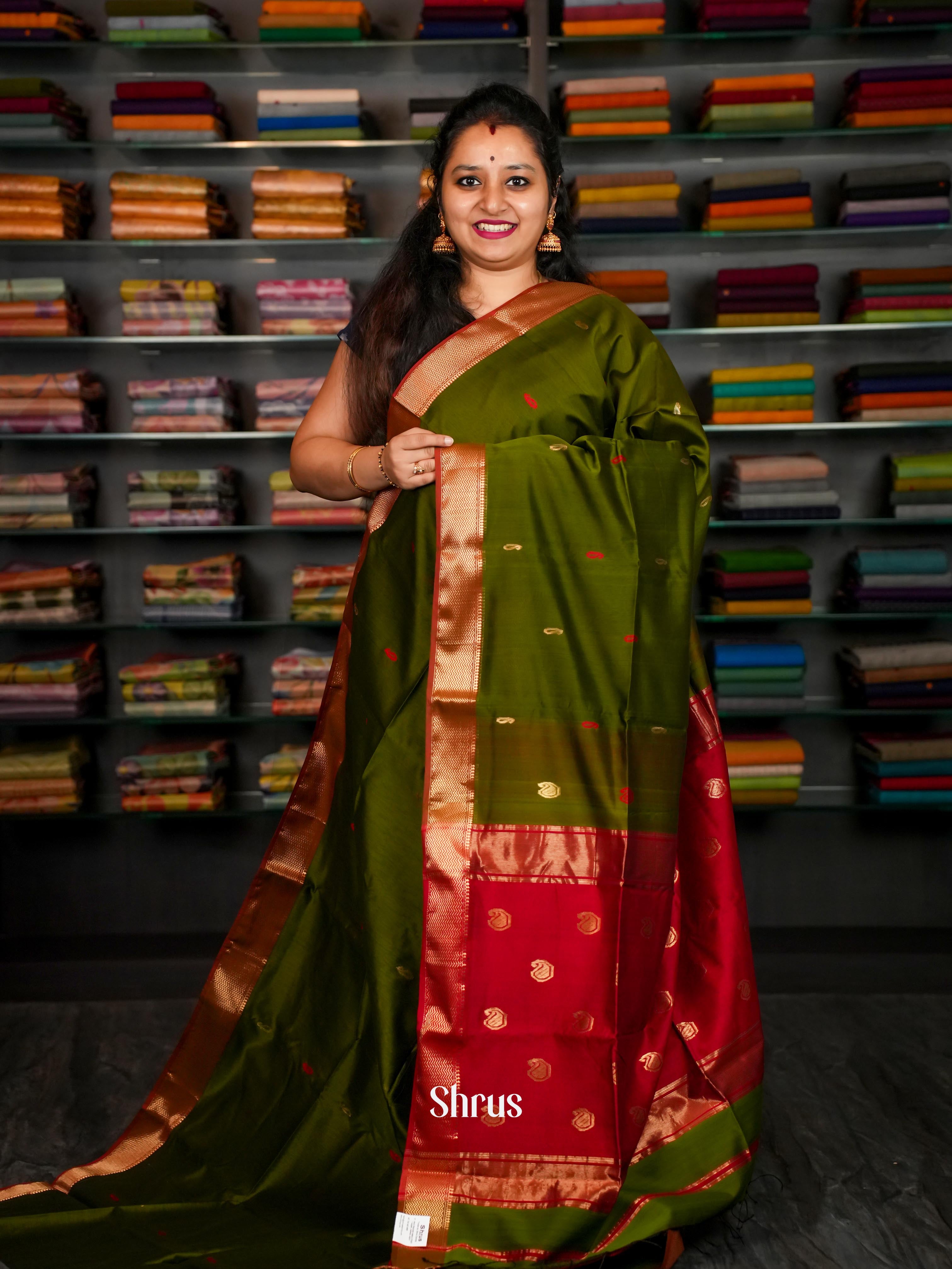 Green & Red - Kanchipuram-halfpure Saree - Shop on ShrusEternity.com