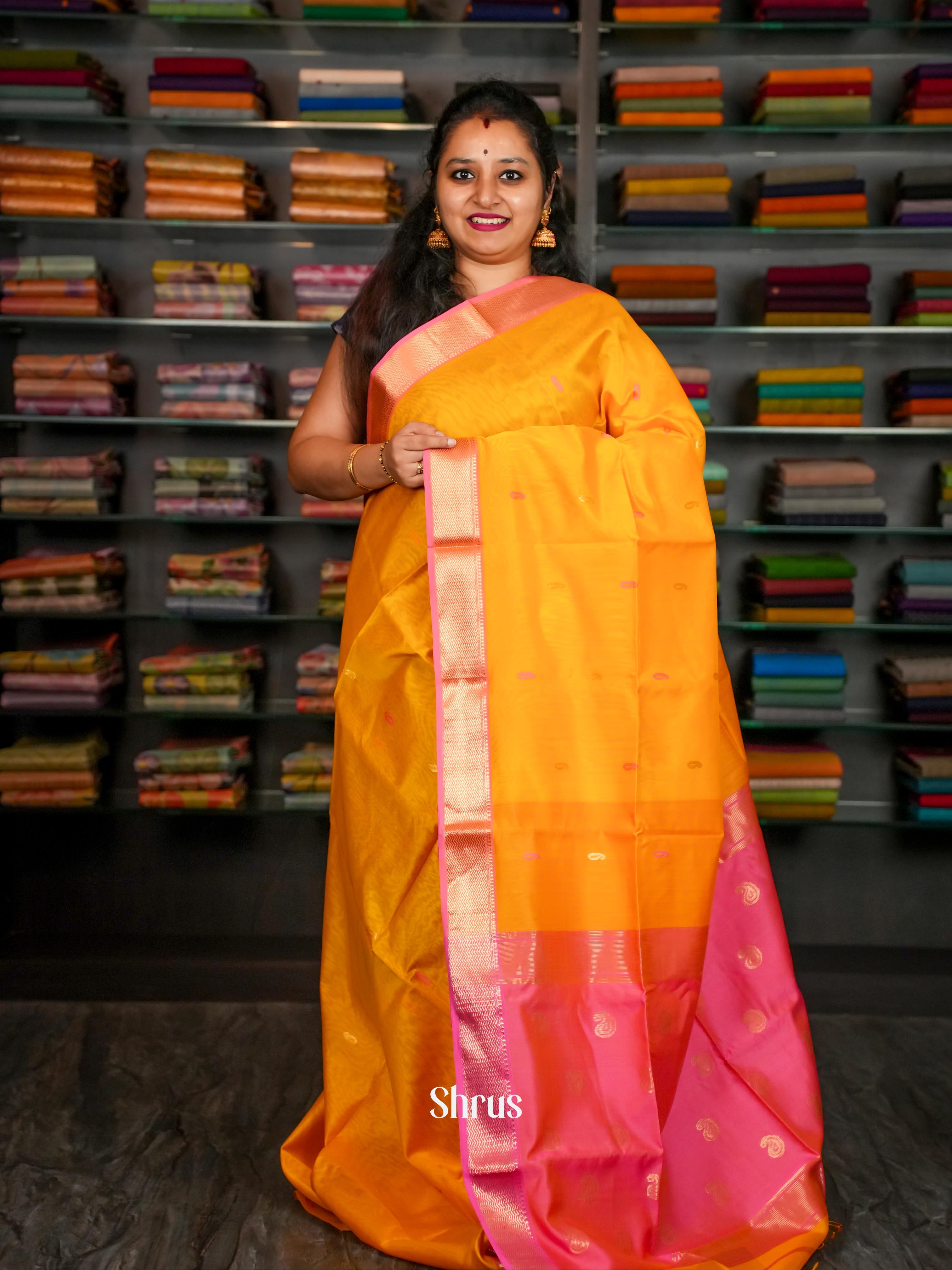 Yellow Pink Maheshwari silkcotton Saree - Shop on ShrusEternity.com